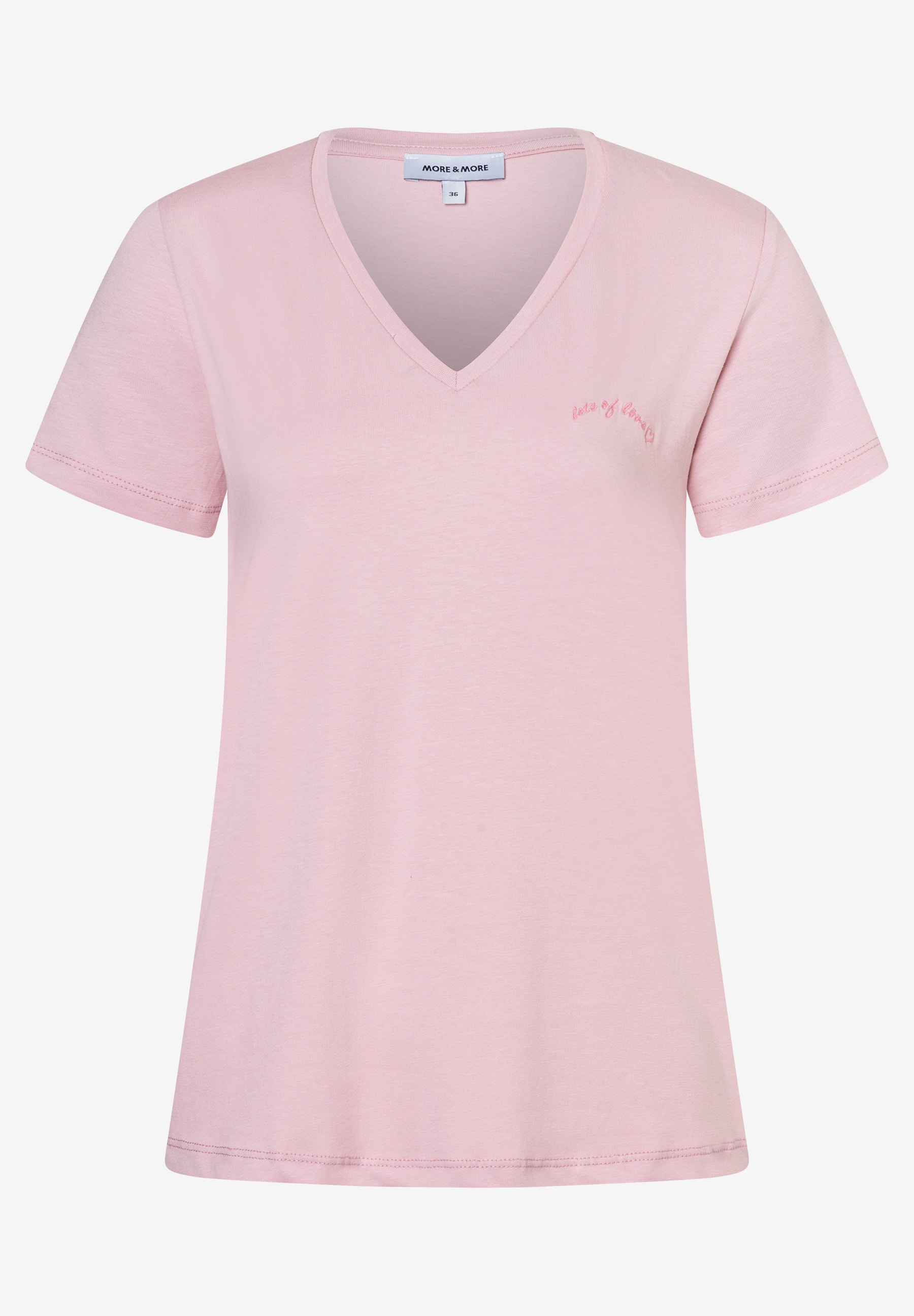 MORE & MORE T-Shirt aus elastischem Jersey. Das rosa Oberteil hat einen V-Ausschnitt und den Schriftzug "lots of love". MORE & MORE T-Shirt aus elastischem Jersey. Das rosa Oberteil hat einen V-Ausschnitt und den Schriftzug "lots of love".