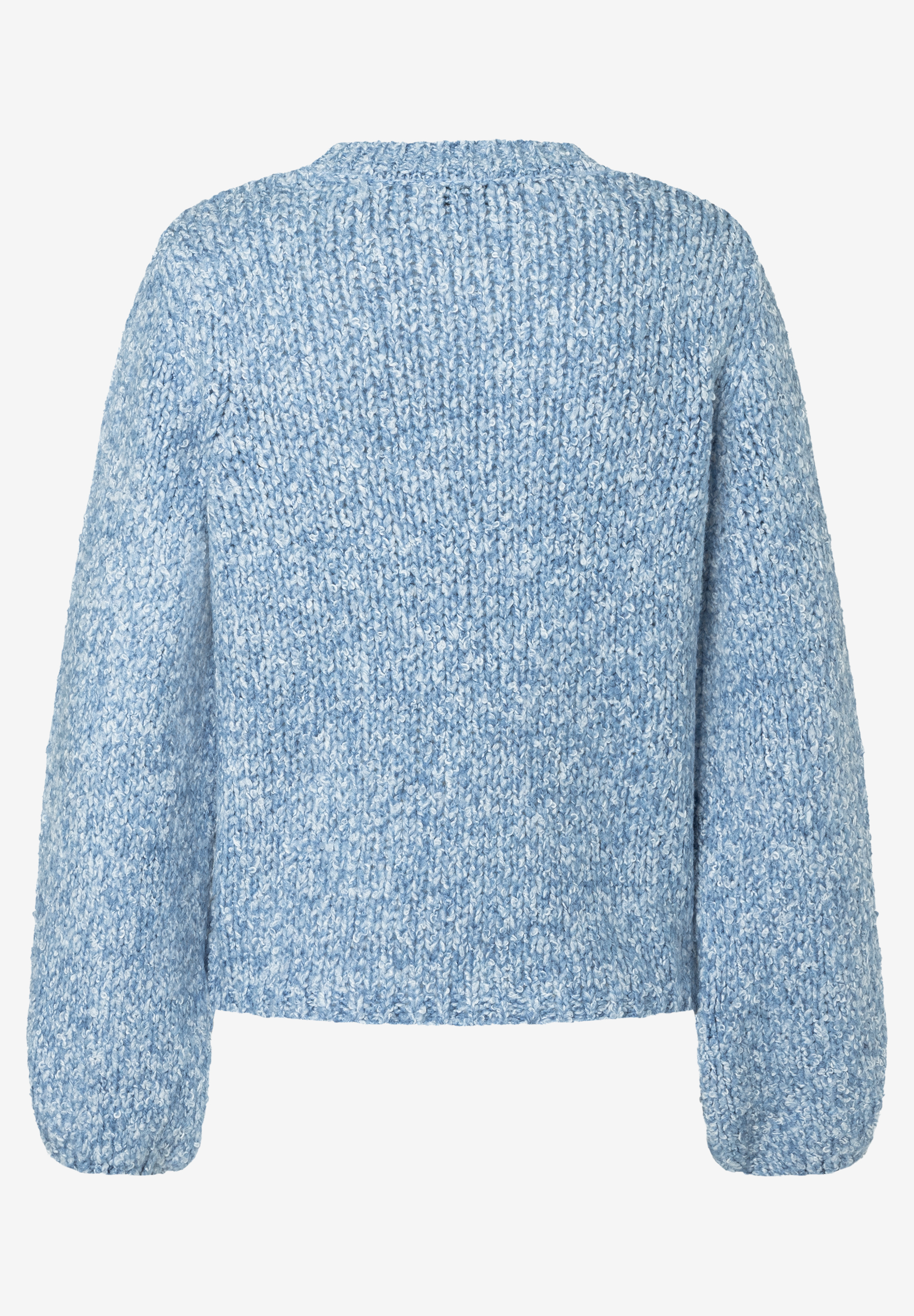 MORE & MORE Pullover aus hellblauem Bouclé-Strick mit voluminösen Ärmeln und gerippten Bündchen. Rückansicht.