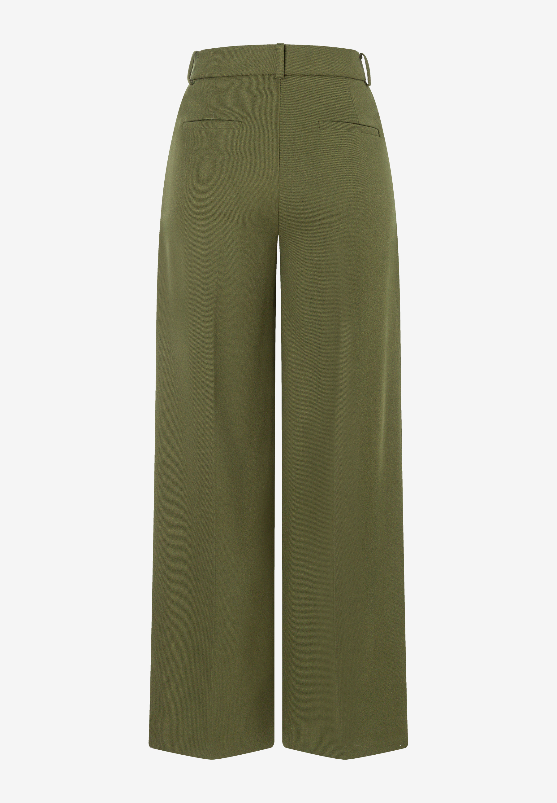 MORE & MORE Jeans in Olivgrün mit weitem Bein und Gürtelschlaufen, Rückansicht.