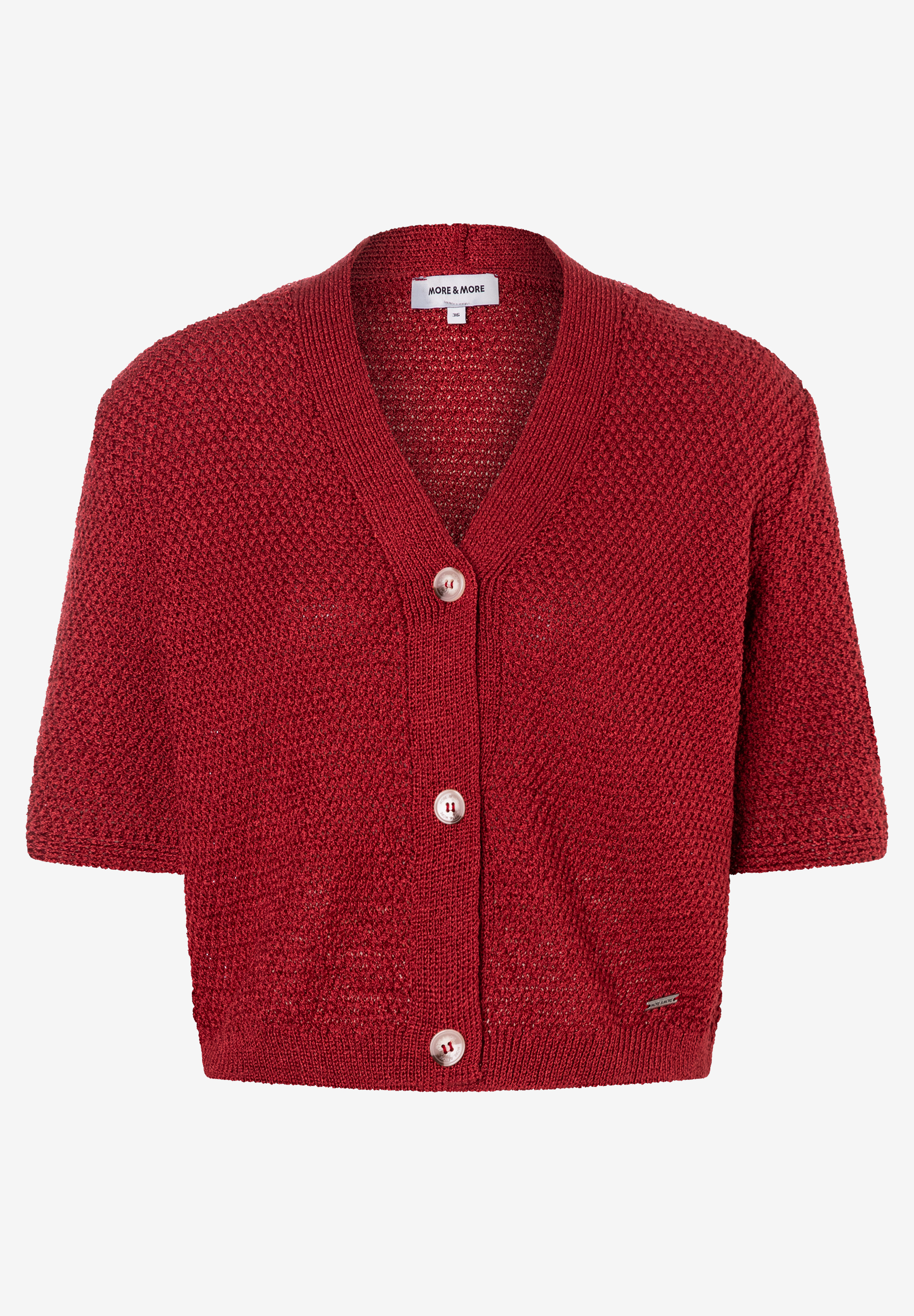MORE & MORE Damen Cardigan in Rot, glänzendem Strukturstrick mit V-Ausschnitt, 3 Knöpfen und halben Ärmeln. MORE & MORE Damen Cardigan in Rot, glänzendem Strukturstrick mit V-Ausschnitt, 3 Knöpfen und halben Ärmeln.