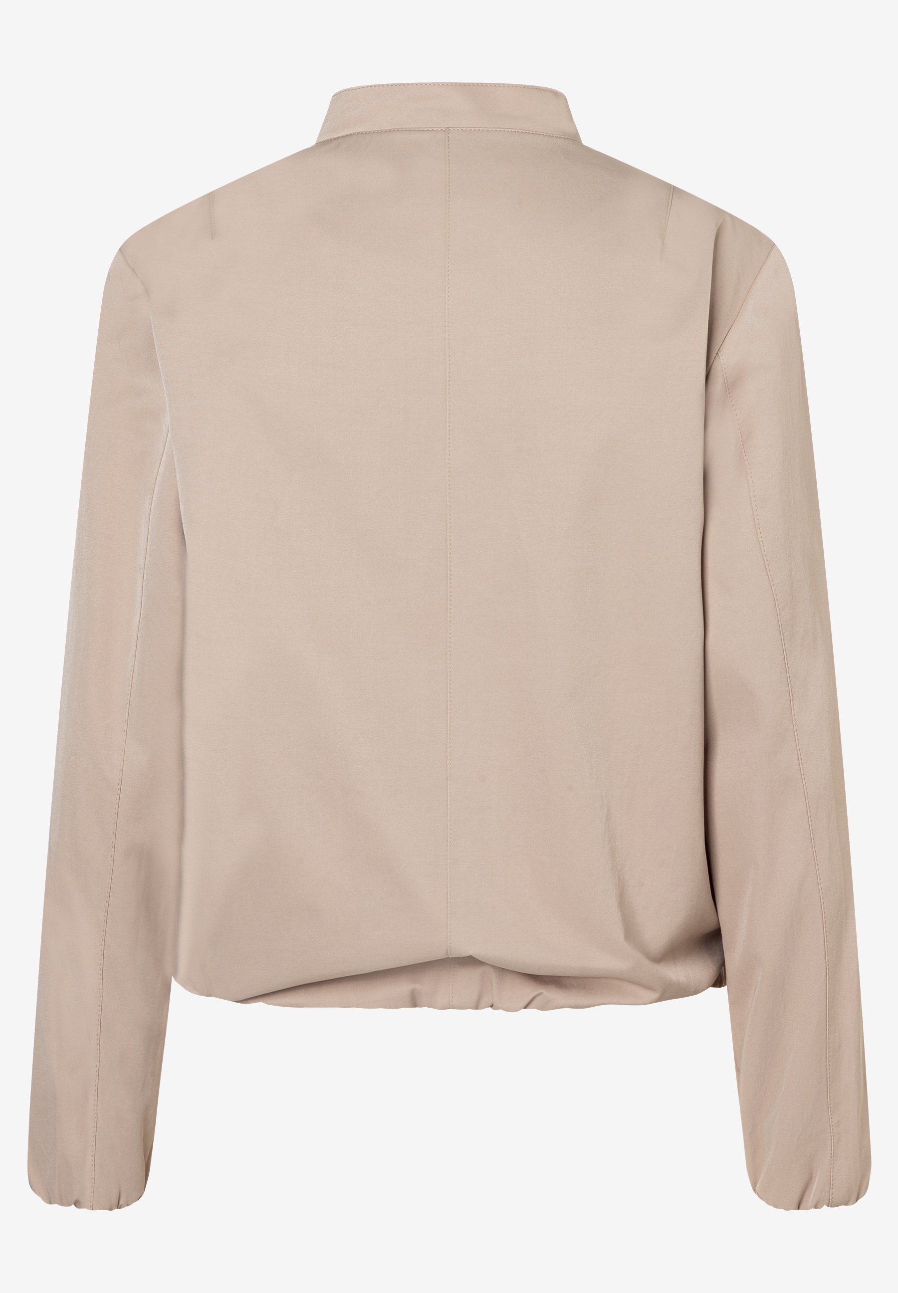 Rückenansicht einer MORE & MORE Webware-Jacke in hellem Beige. Schlichter Kragen, lange Ärmel. Oberteil. Rückenansicht einer MORE & MORE Webware-Jacke in hellem Beige. Schlichter Kragen, lange Ärmel. Oberteil.