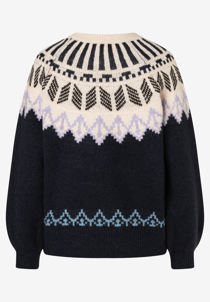MORE & MORE Pullover: marineblauer Strickpullover mit beigem und lavendelfarbenem Fair Isle Muster. MORE & MORE Pullover: marineblauer Strickpullover mit beigem und lavendelfarbenem Fair Isle Muster.