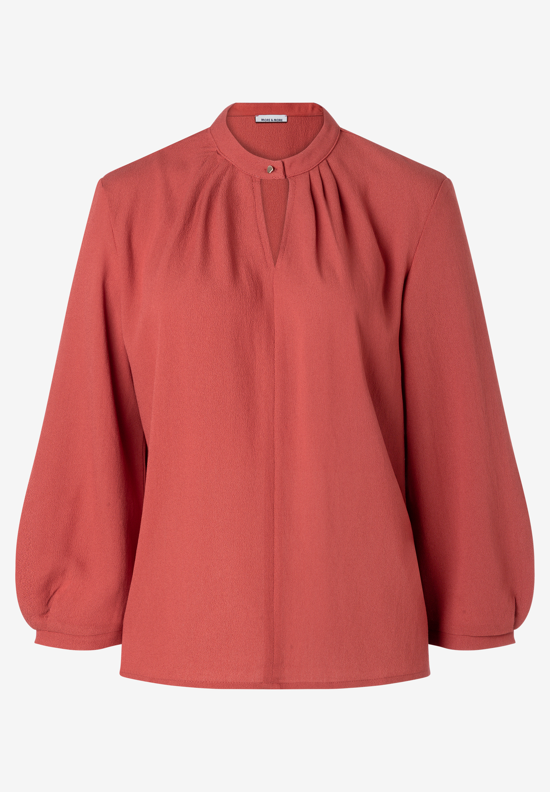 MORE & MORE Damen-Bluse in Rostrot mit Kragen, Knopf und V-Ausschnitt, 3/4-Ärmeln und leicht gerafften Bündchen.