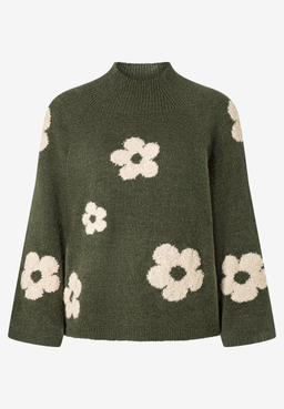 MORE & MORE Pullover in Olivgrün mit beigefarbenen Blumen-Details