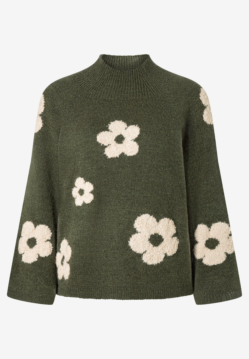 MORE & MORE Pullover in Olivgrün mit beigefarbenen Blumen-Details