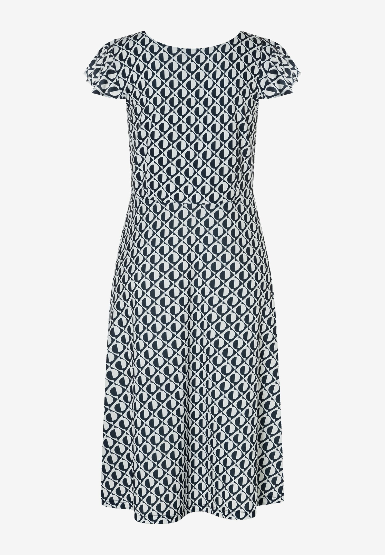 Ein Kleid von MORE & MORE mit einem geometrischen Muster in Weiß und Dunkelblau. Ein Kleid von MORE & MORE mit einem geometrischen Muster in Weiß und Dunkelblau.