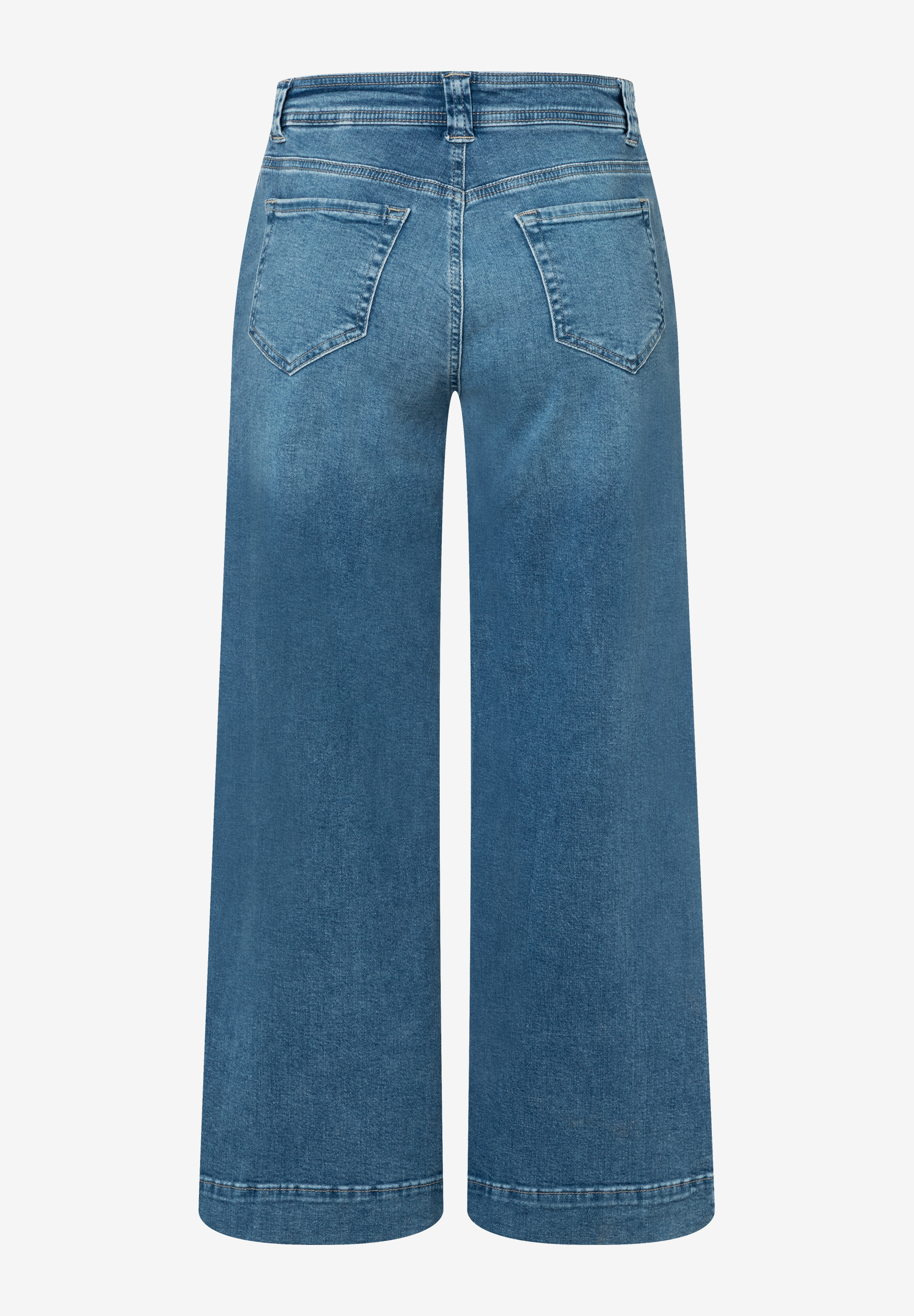 Eine MORE & MORE Jeanshose aus Denim mit breitem Bein, von hinten fotografiert. Eine MORE & MORE Jeanshose aus Denim mit breitem Bein, von hinten fotografiert.