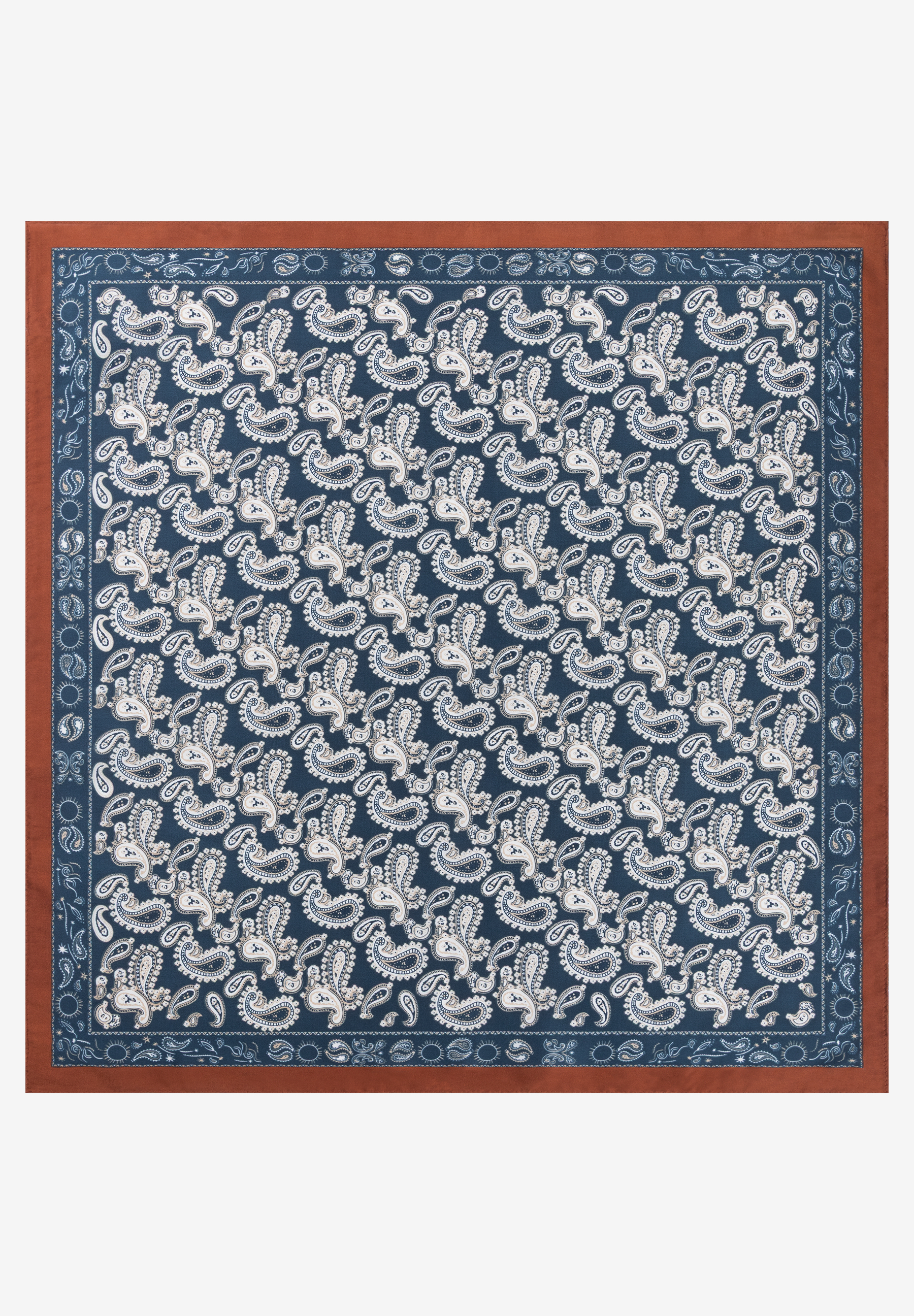 MORE & MORE Accessoire: Paisley-Halstuch in Marineblau/Creme mit braunem Rand und Musterbordüre, von oben fotografiert. MORE & MORE Accessoire: Paisley-Halstuch in Marineblau/Creme mit braunem Rand und Musterbordüre, von oben fotografiert.