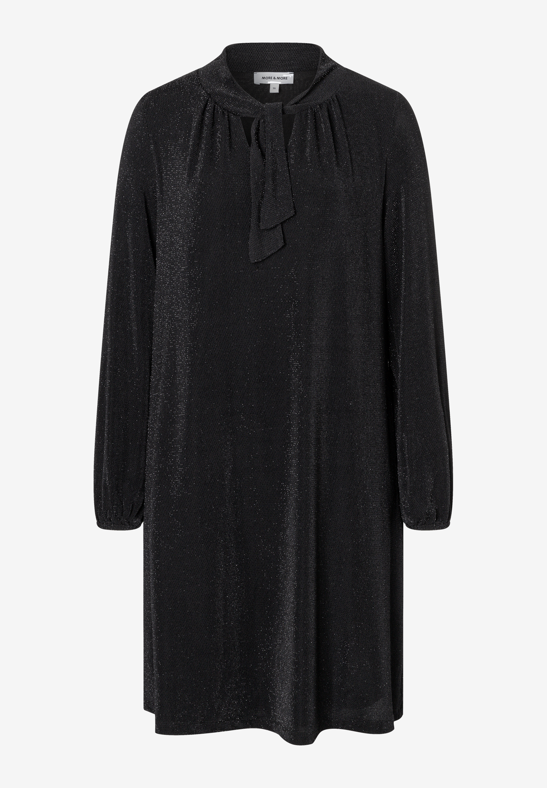 MORE & MORE Glitzer-Kleid in Schwarz mit langen Ärmeln und Bindedetail am Halsausschnitt.