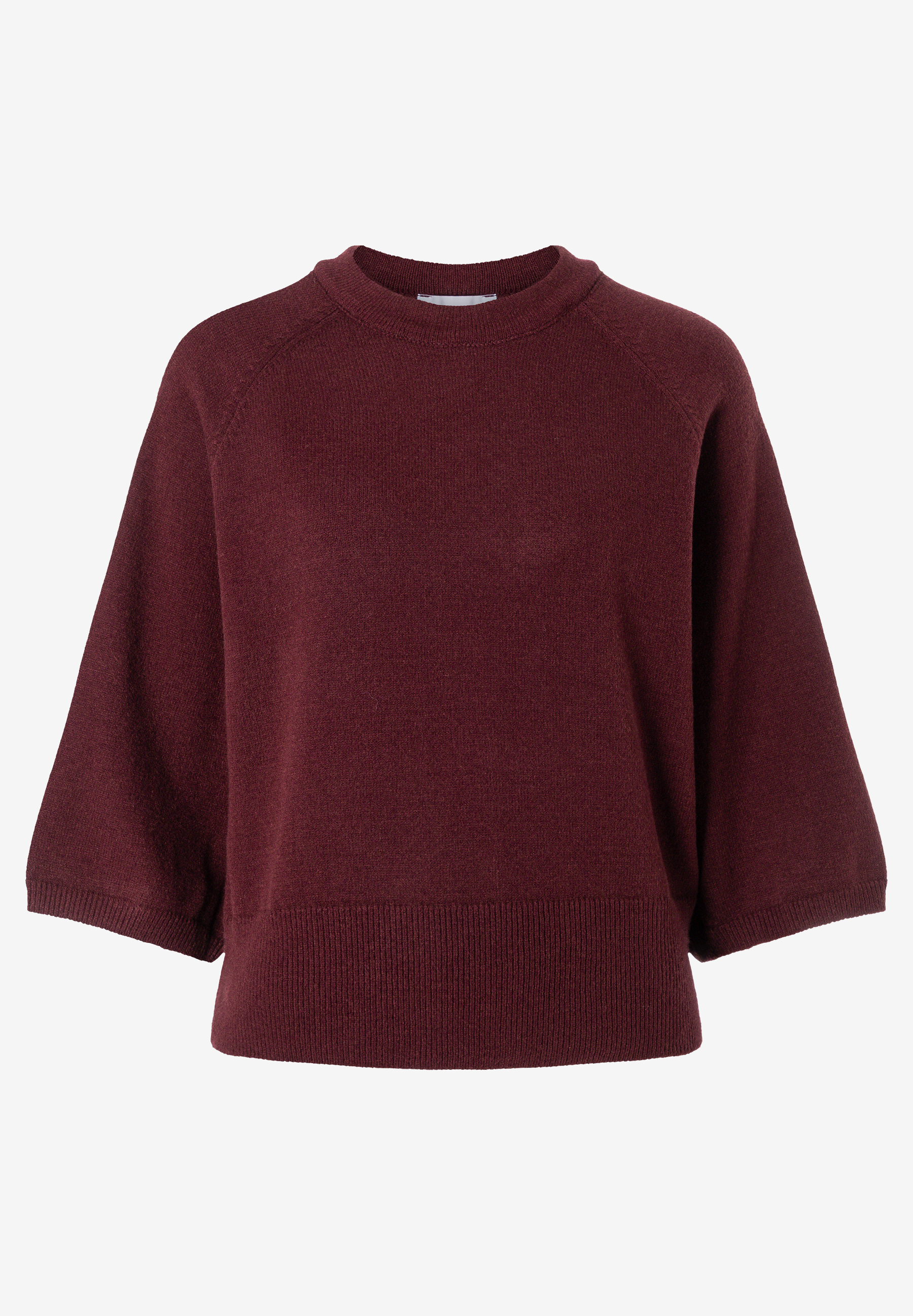 MORE & MORE Pullover aus Merinowolle in Dunkelrot, mit 3/4-Ärmeln und leichtem Stehkragen, für Damen.