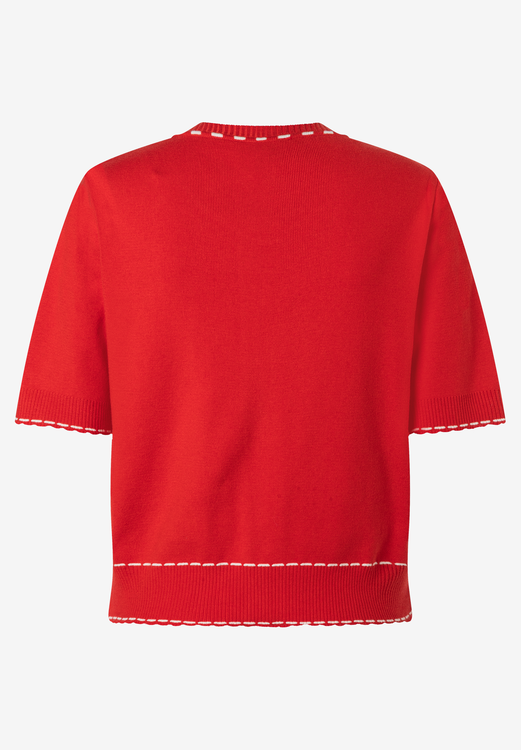 Ein roter Strickpullover von MORE & MORE mit weißen Akzenten an Ärmeln, Saum und Ausschnitt. Ein roter Strickpullover von MORE & MORE mit weißen Akzenten an Ärmeln, Saum und Ausschnitt.