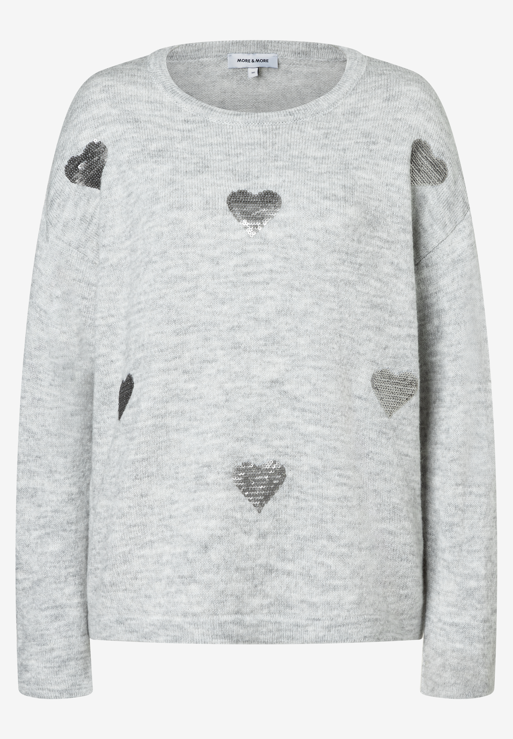 Ein grauer Feinstrick-Pullover von MORE & MORE mit glitzernden Herz-Applikationen. Ein grauer Feinstrick-Pullover von MORE & MORE mit glitzernden Herz-Applikationen.