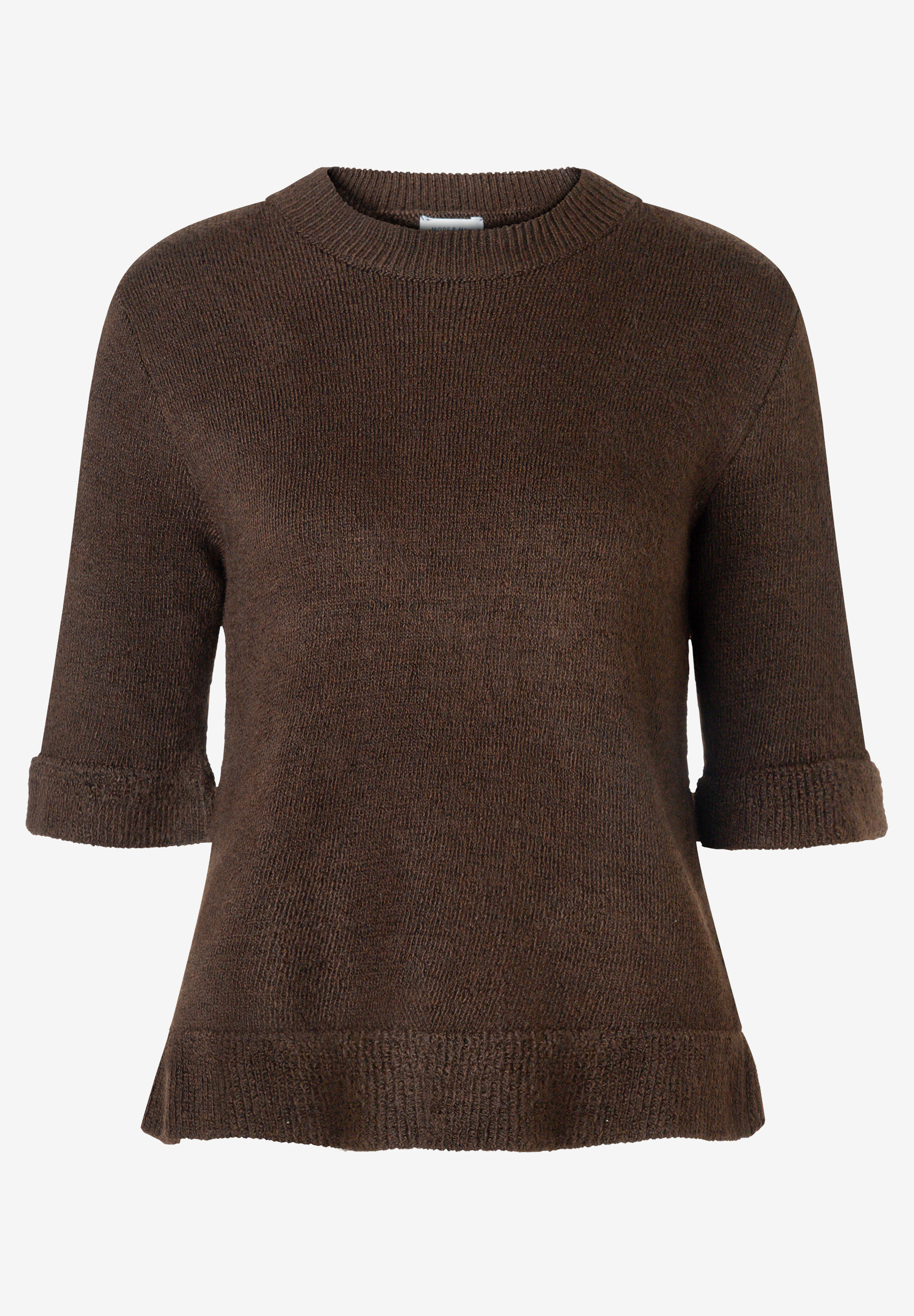 MORE & MORE dunkelbrauner Strickpullover mit 3/4-Ärmeln und geripptem Rundhalsausschnitt auf weißem Hintergrund.