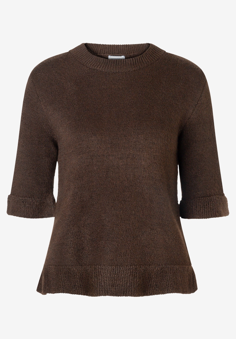 MORE & MORE Pullover: Brauner Strickpullover mit 3/4-Ärmeln, geripptem Rundhals und umgeschlagenen Bündchen. MORE & MORE Pullover: Brauner Strickpullover mit 3/4-Ärmeln, geripptem Rundhals und umgeschlagenen Bündchen.