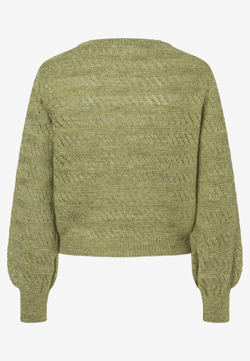 Rückansicht eines olivgrünen Strukturstrick-Pullovers von MORE & MORE mit angenehmen Tragekomfort und elastischem, soften Griff. Rückansicht eines olivgrünen Strukturstrick-Pullovers von MORE & MORE mit angenehmen Tragekomfort und elastischem, soften Griff.