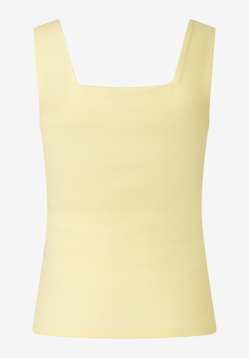 Ein gelbes, geripptes MORE & MORE Jersey-Top mit breiten Trägern und eckigem Ausschnitt. Ein gelbes, geripptes MORE & MORE Jersey-Top mit breiten Trägern und eckigem Ausschnitt.