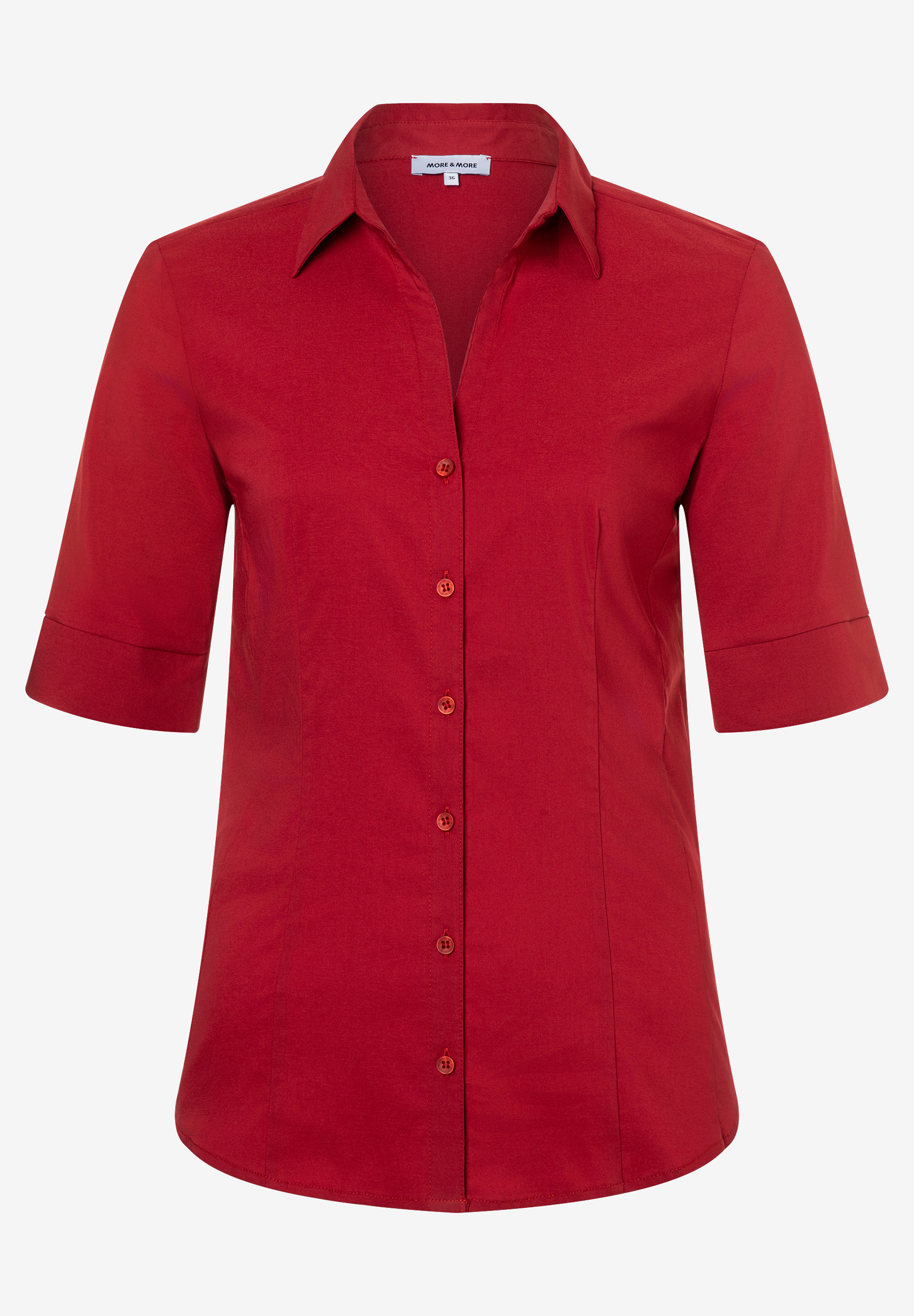 MORE & MORE Popeline-Bluse in Rot mit halblangen Ärmeln, Knopfleiste und Kragen, hautfreundlich und elastisch. MORE & MORE Popeline-Bluse in Rot mit halblangen Ärmeln, Knopfleiste und Kragen, hautfreundlich und elastisch.