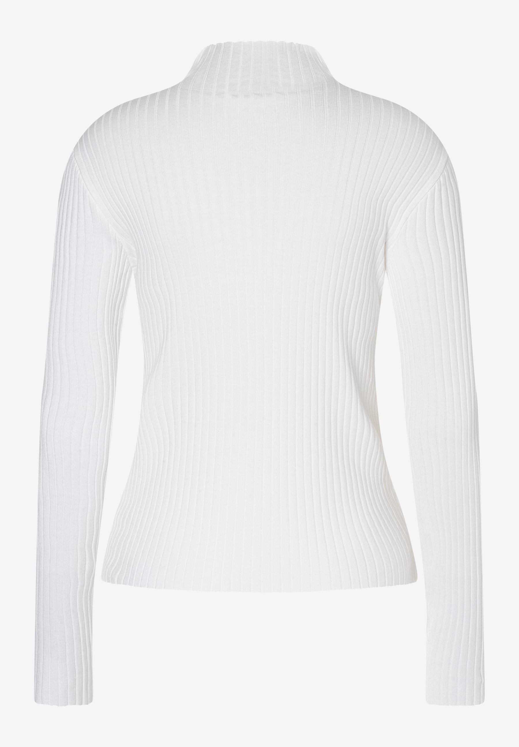 Ein weißer, gerippter Pullover von MORE & MORE mit langärmeligem Schnitt und hohem Kragen. Ein weißer, gerippter Pullover von MORE & MORE mit langärmeligem Schnitt und hohem Kragen.