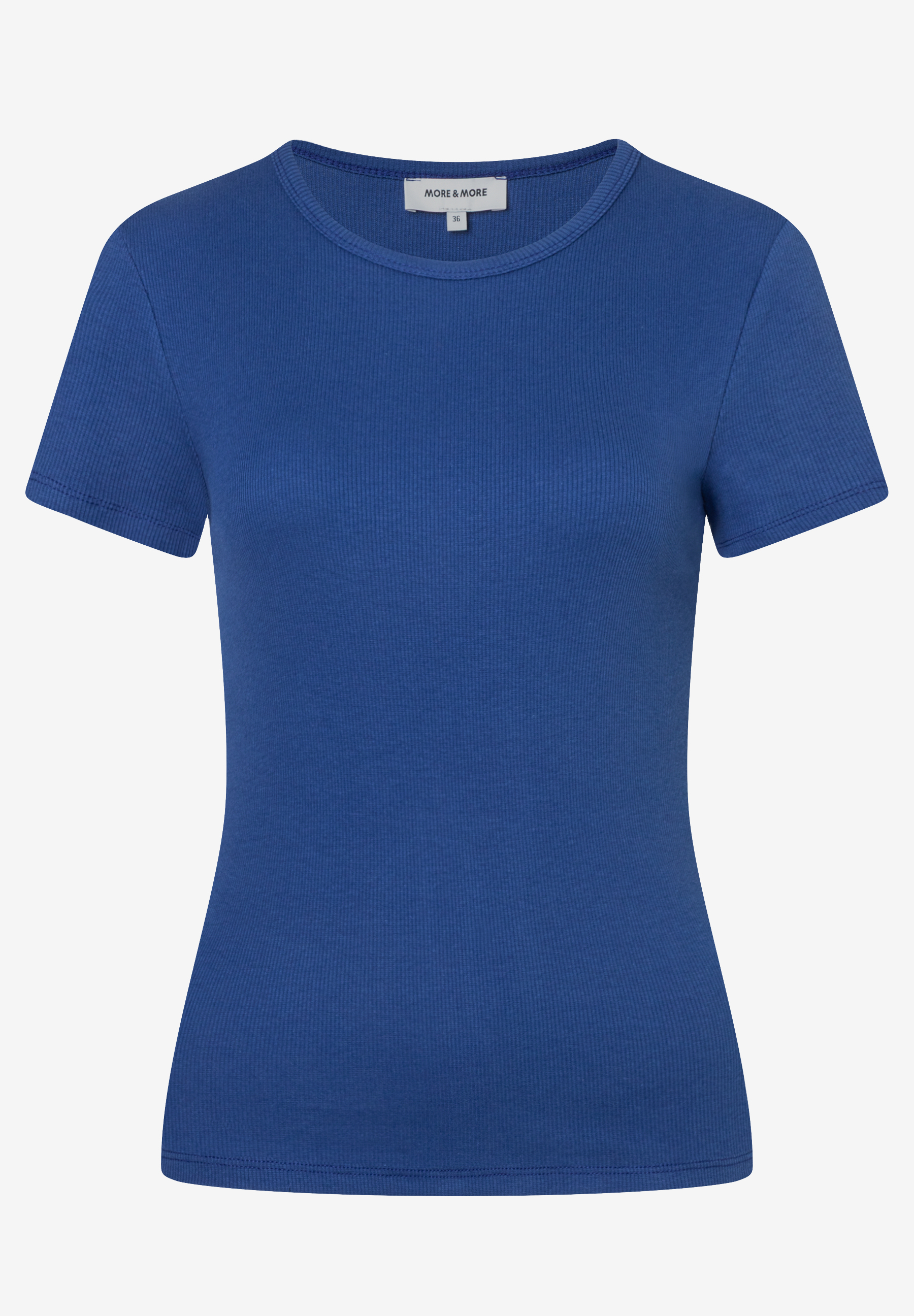 MORE & MORE geripptes, elastisches, hautfreundliches T-Shirt in Blau mit Rundhalsausschnitt und kurzen Ärmeln. MORE & MORE geripptes, elastisches, hautfreundliches T-Shirt in Blau mit Rundhalsausschnitt und kurzen Ärmeln.