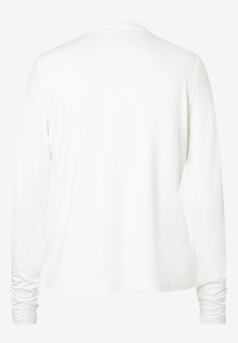 Rückansicht einer weißen MORE & MORE Bluse mit langen Ärmeln und gerafften Bündchen. Rückansicht einer weißen MORE & MORE Bluse mit langen Ärmeln und gerafften Bündchen.