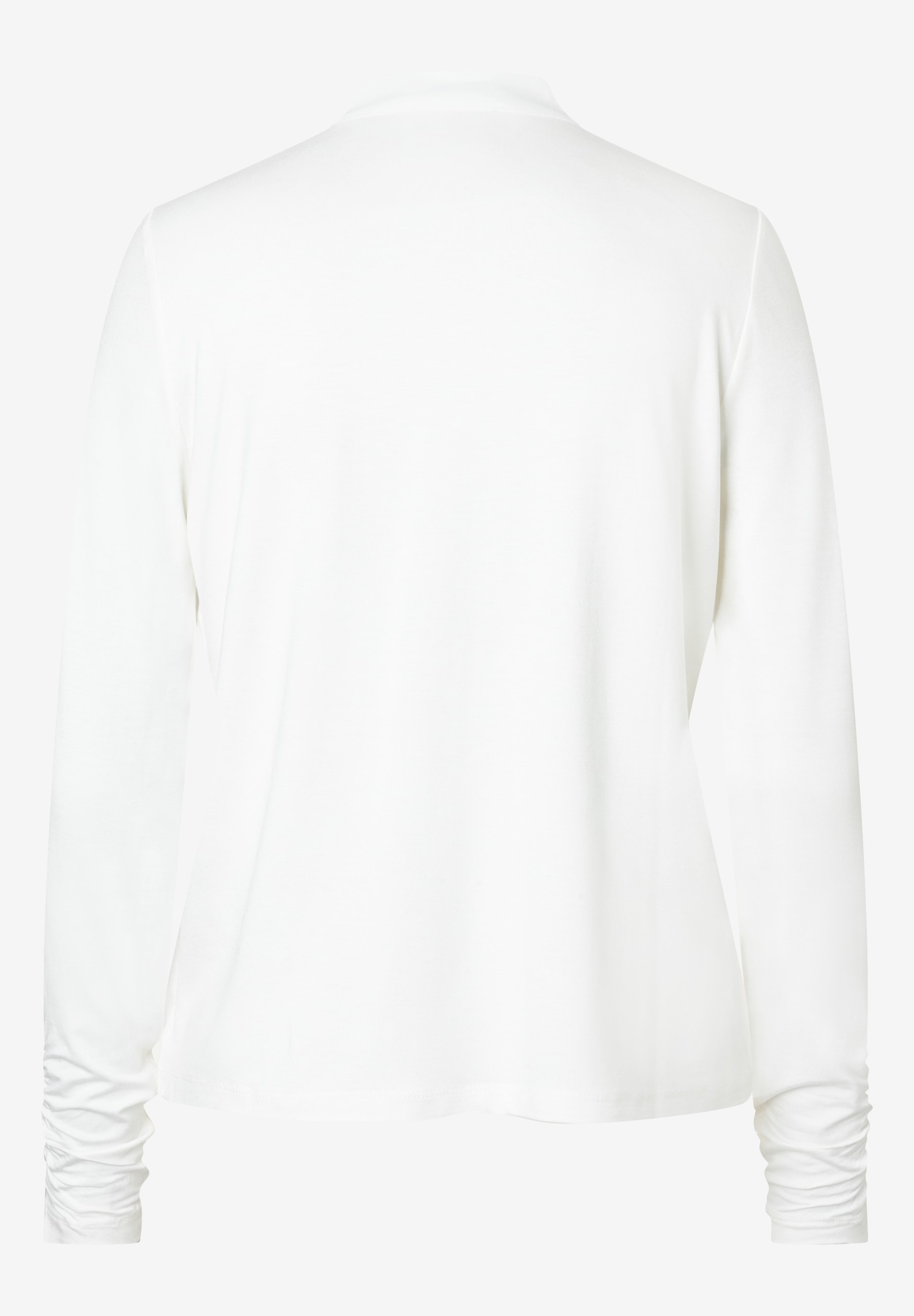 Rückansicht einer weißen MORE & MORE Bluse mit langen Ärmeln und gerafften Bündchen. Rückansicht einer weißen MORE & MORE Bluse mit langen Ärmeln und gerafften Bündchen.