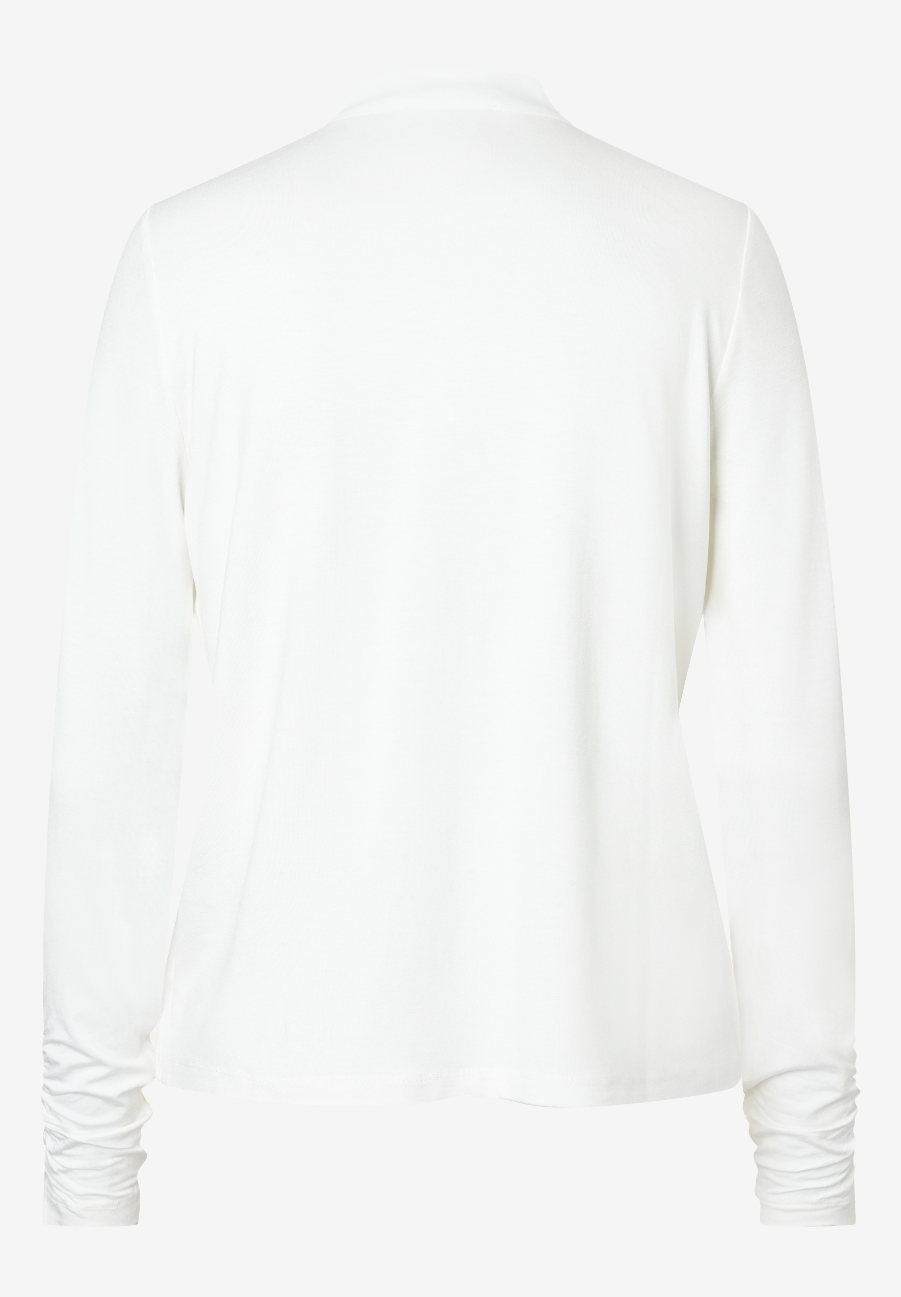 Rückansicht einer weißen MORE & MORE Bluse mit langen Ärmeln und gerafften Bündchen. Rückansicht einer weißen MORE & MORE Bluse mit langen Ärmeln und gerafften Bündchen.