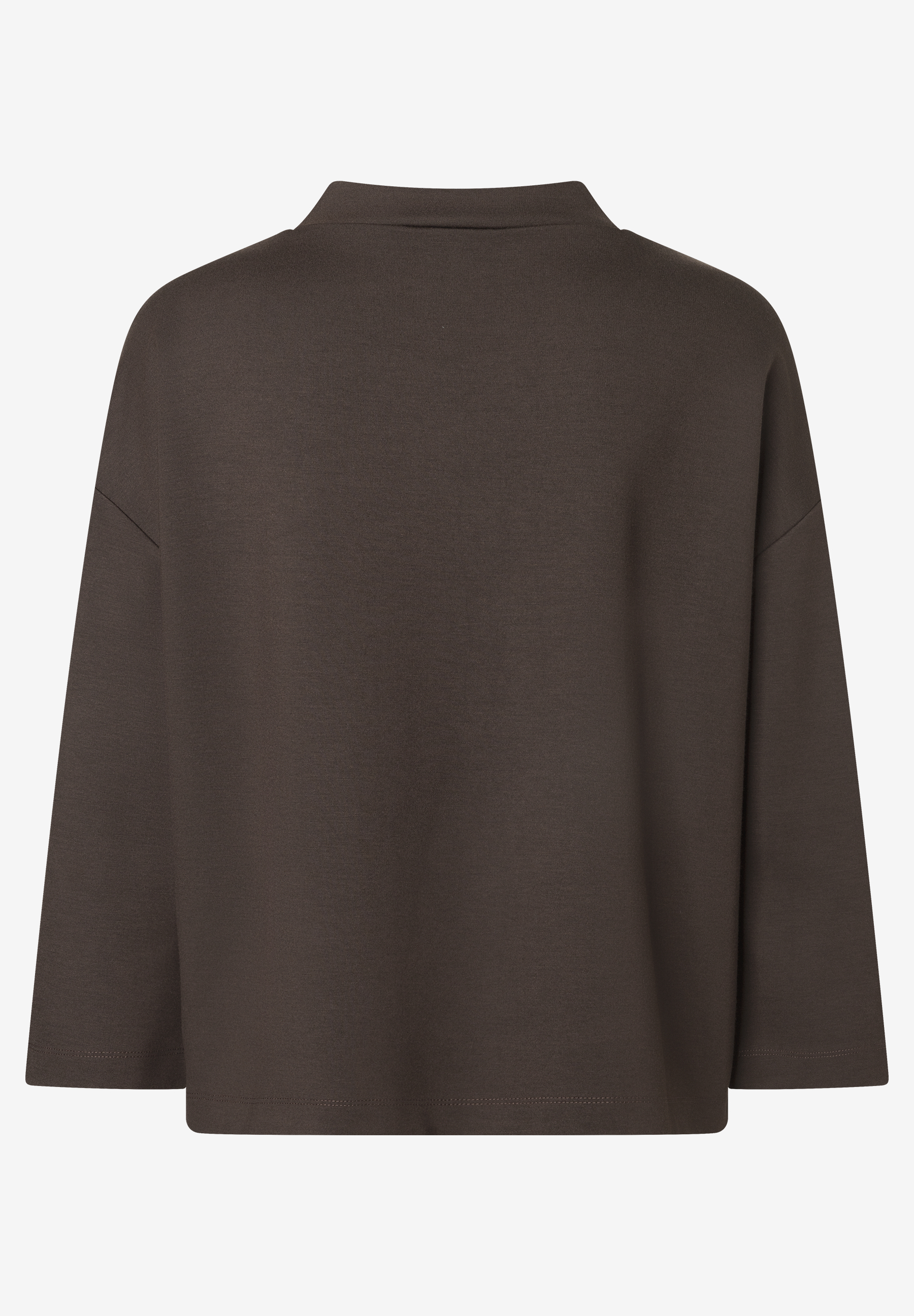 MORE & MORE Damen-T-Shirt in Dunkelbraun, Rückansicht. Ein schlichtes Top mit 3/4-Ärmeln und leichtem Stehkragen.