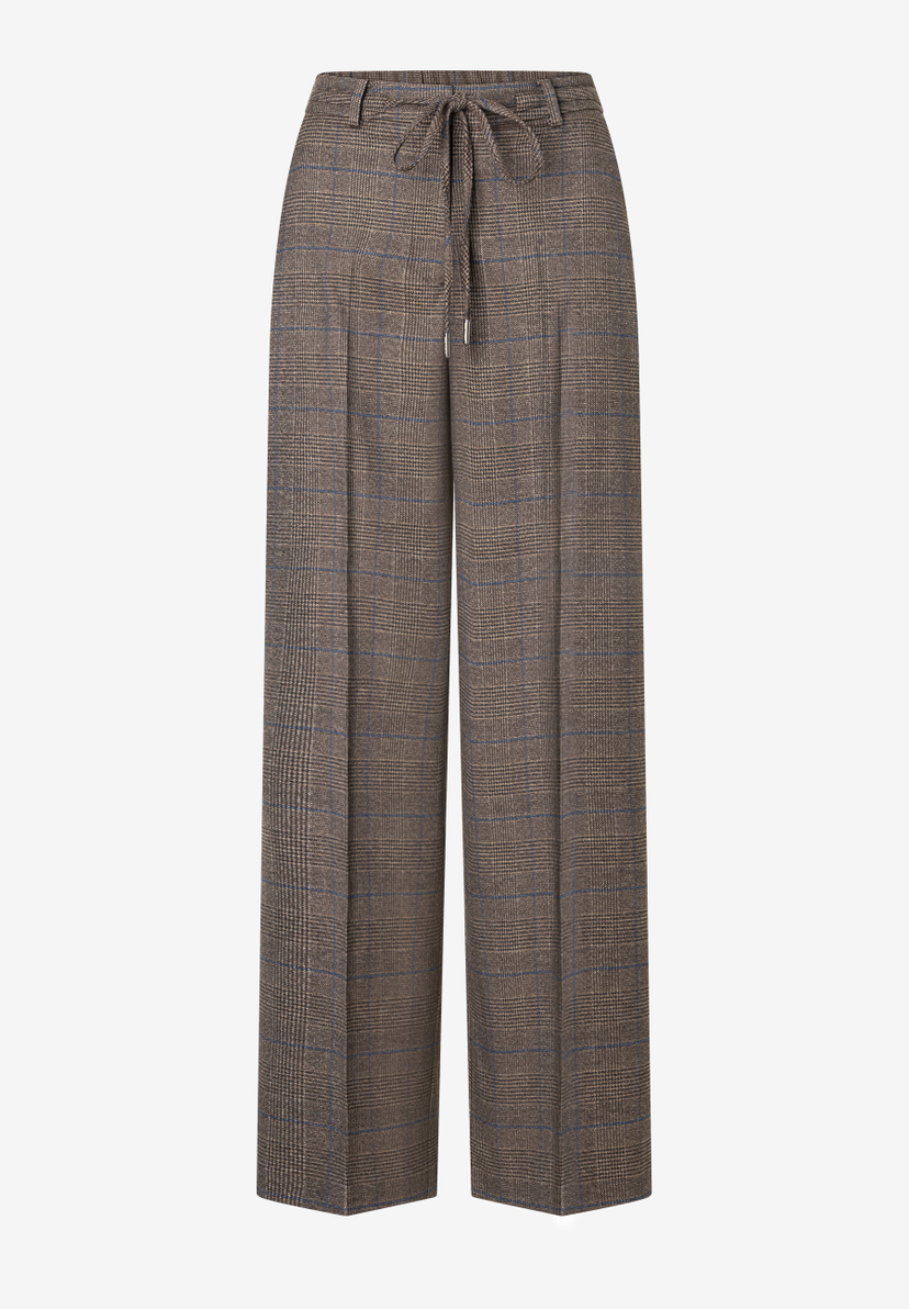 MORE & MORE Hose im Glencheck-Muster in Braun und Blau mit Bindegürtel und weitem Bein. Elegante Stoffhose.