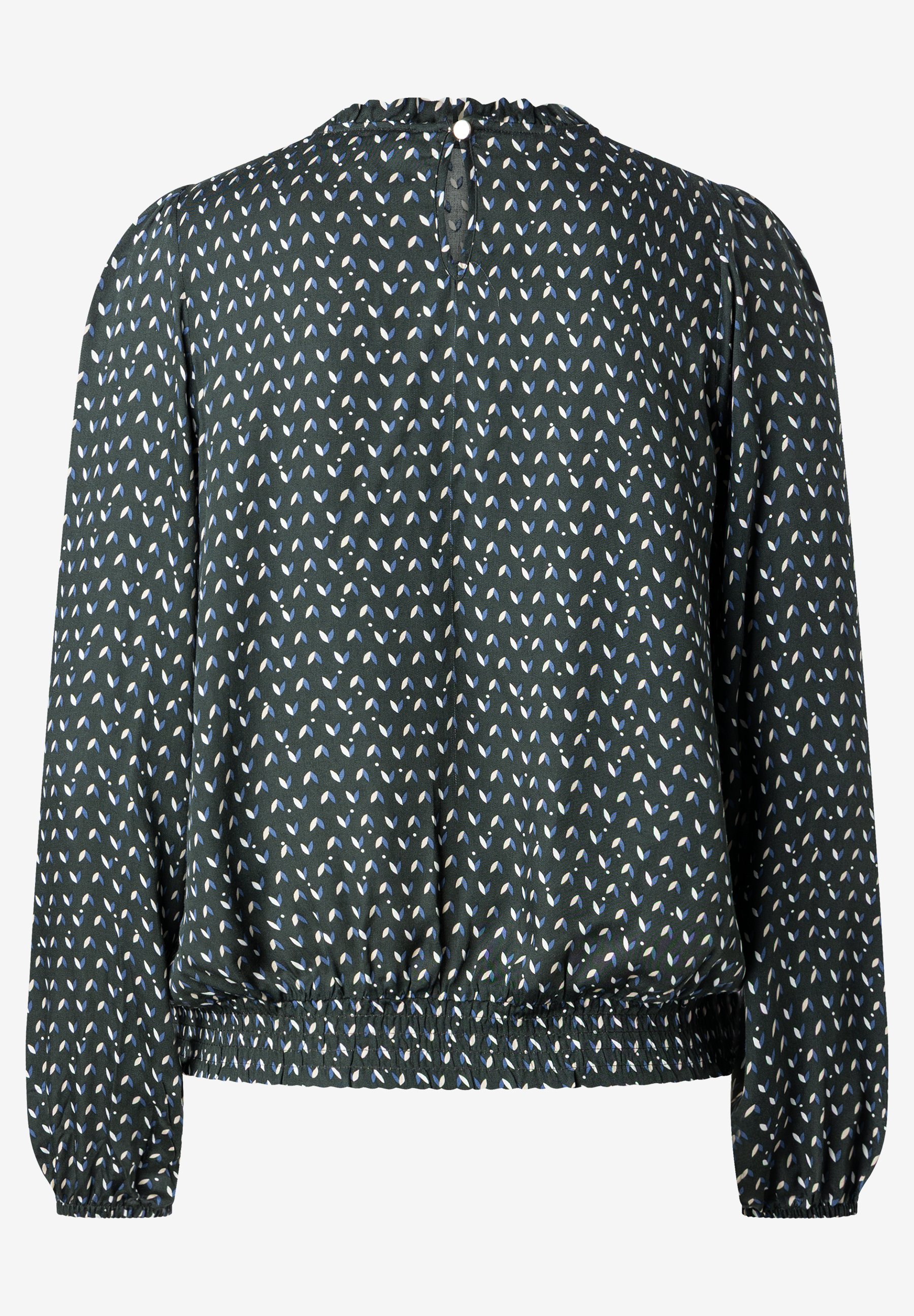MORE & MORE Bluse: Eine dunkelgrüne Bluse mit zartem Muster in Weiß, Blau und Beige. Mit gerüschtem Kragen und Ärmeln.