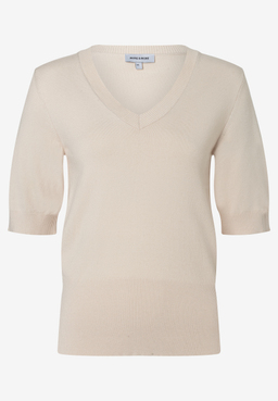 MORE & MORE V-Pullover aus Feinstrick in Beige mit 3/4-Ärmeln und Rippbündchen, angenehm zu tragen