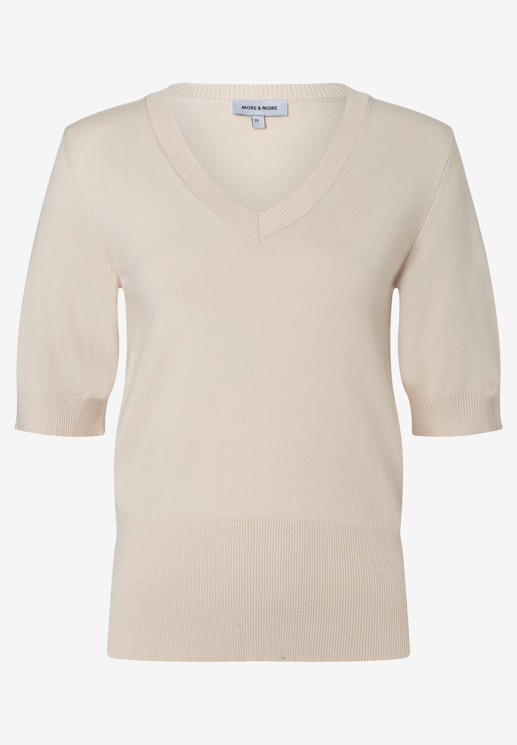 MORE & MORE V-Pullover aus Feinstrick in Beige mit 3/4-Ärmeln und Rippbündchen, angenehm zu tragen MORE & MORE V-Pullover aus Feinstrick in Beige mit 3/4-Ärmeln und Rippbündchen, angenehm zu tragen