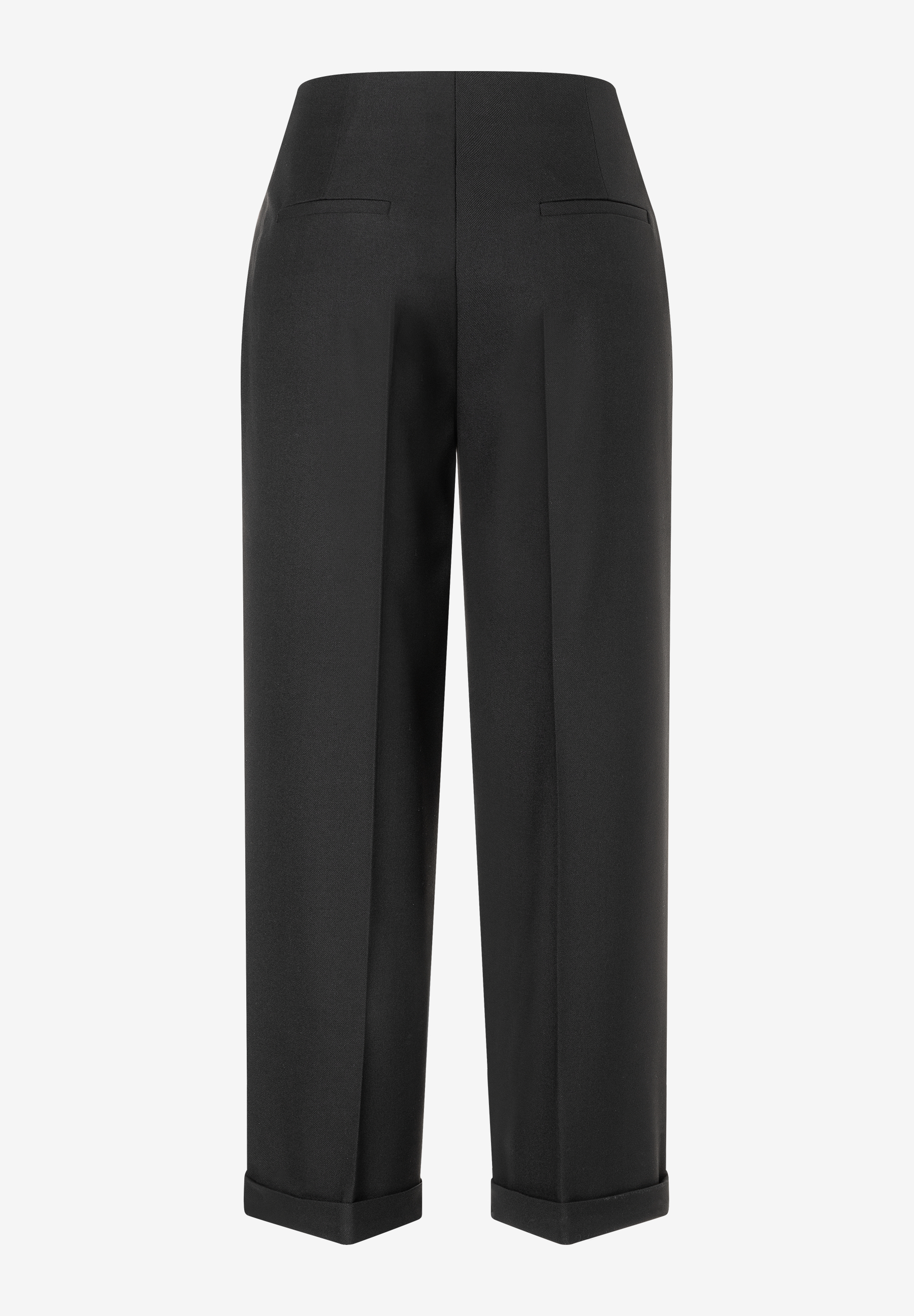 Schwarze Webhose von MORE & MORE mit hohem Bund, geradem Bein und Umschlag am Saum. Schwarze Webhose von MORE & MORE mit hohem Bund, geradem Bein und Umschlag am Saum.