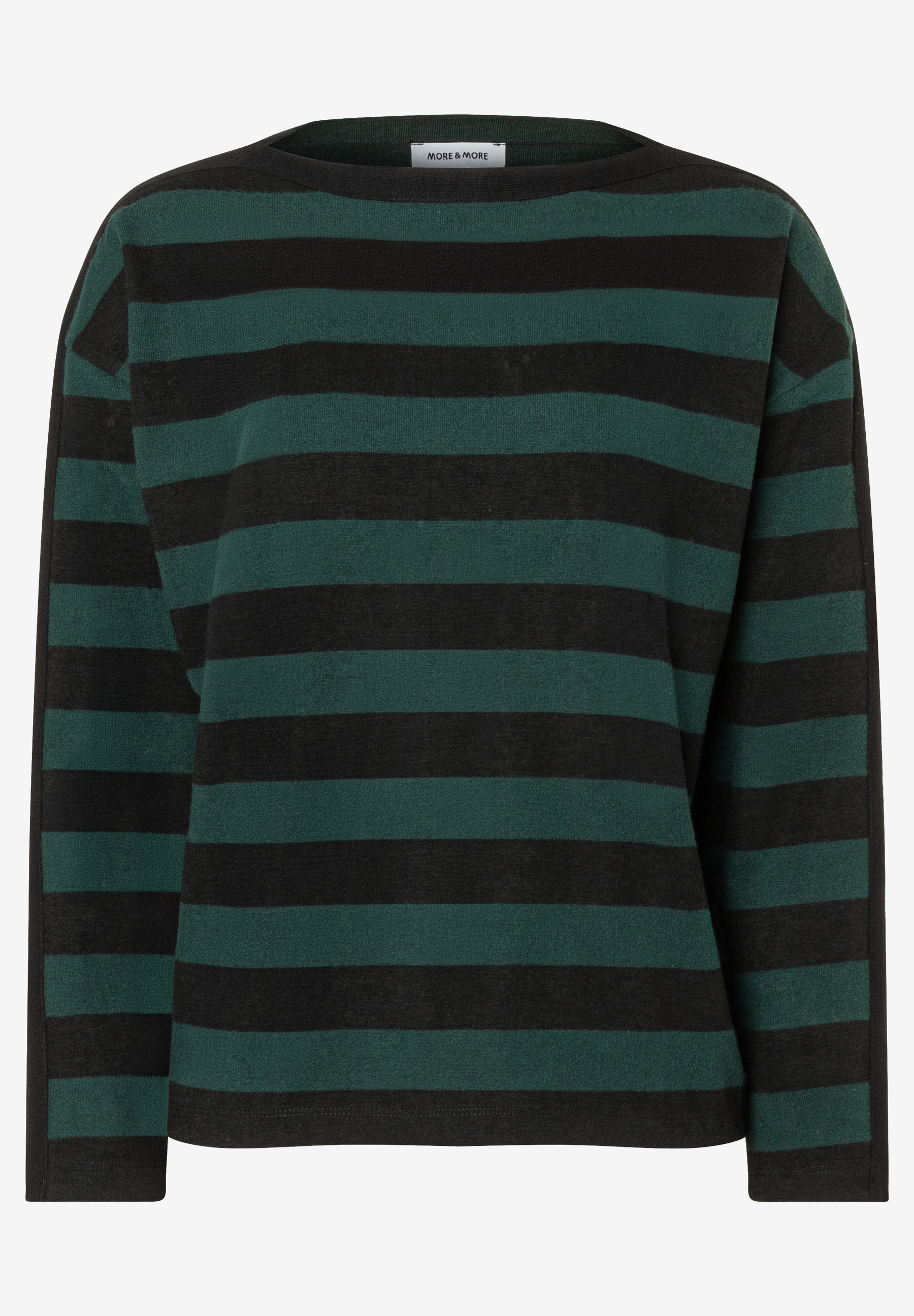 MORE & MORE Langarmshirt mit Querstreifen in Schwarz und Dunkelgrün, weiter Rundhalsausschnitt.
