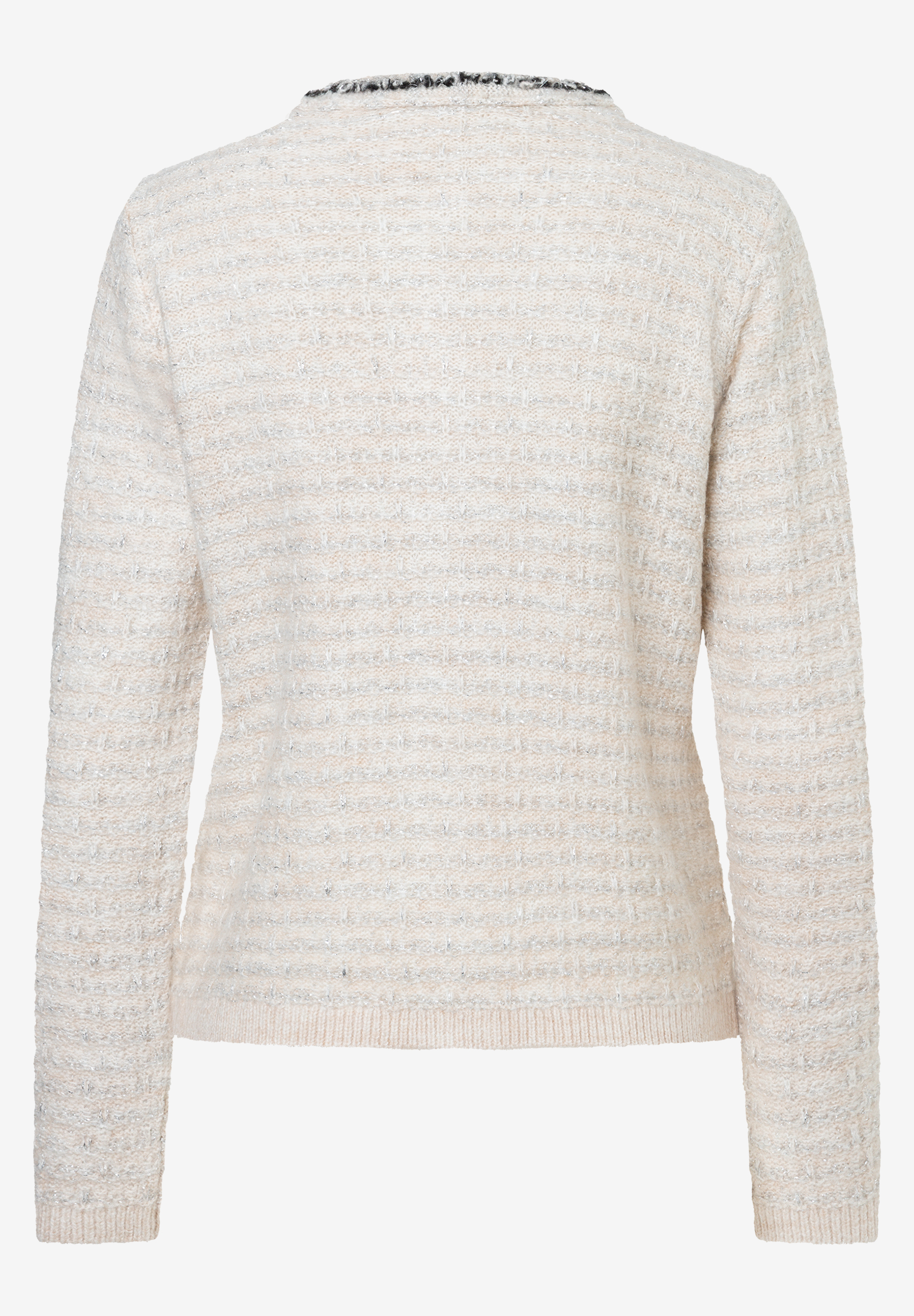 MORE & MORE Damen-Pullover in Beige mit langen Ärmeln, geripptem Saum und Bündchen. Der Halsausschnitt ist dunkel abgesetzt.