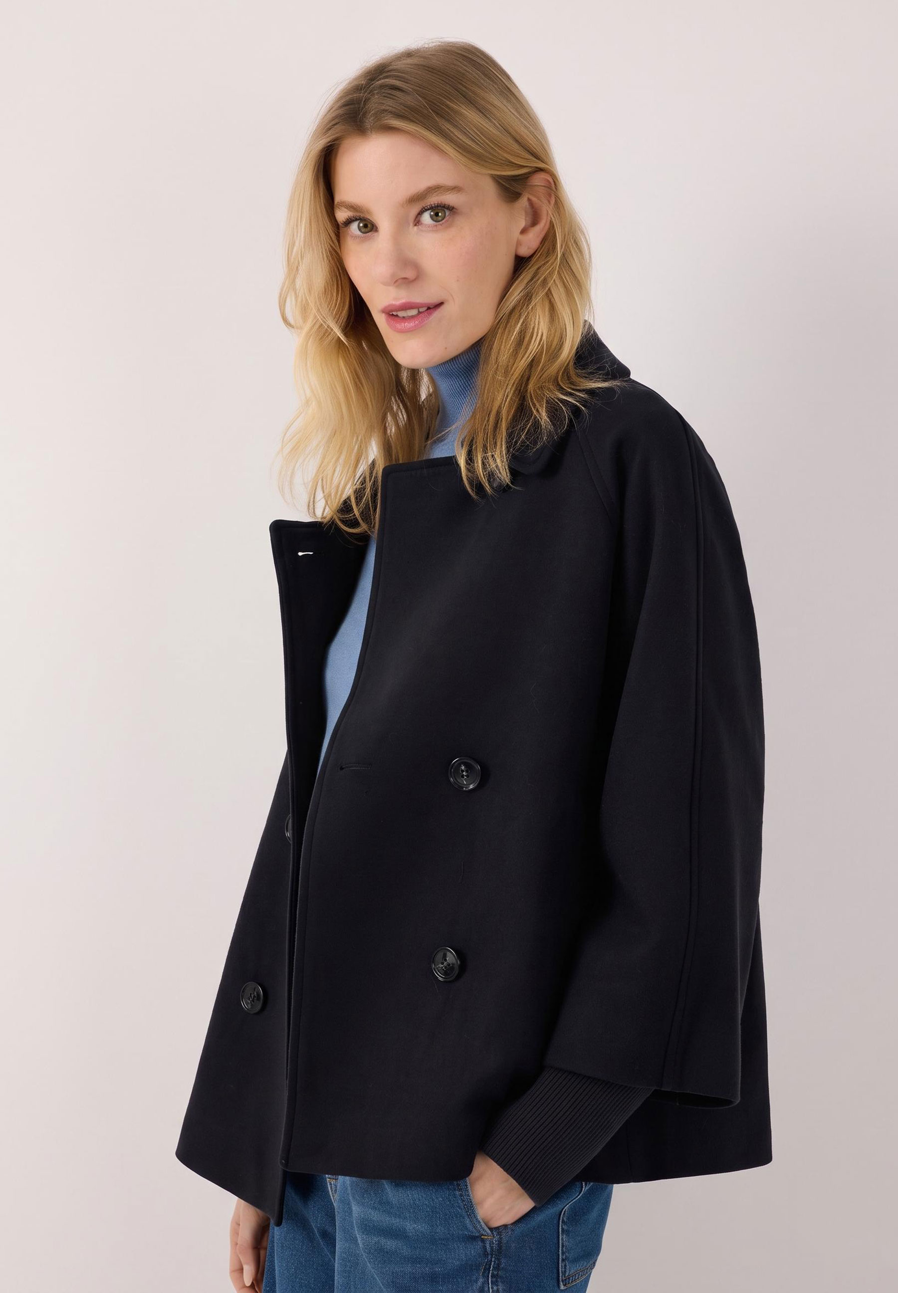 MORE & MORE Damen-Flanell-Jacke, doppelreihig, marineblau, kurze Ärmel, wärmender, angenehmer Tragekomfort.