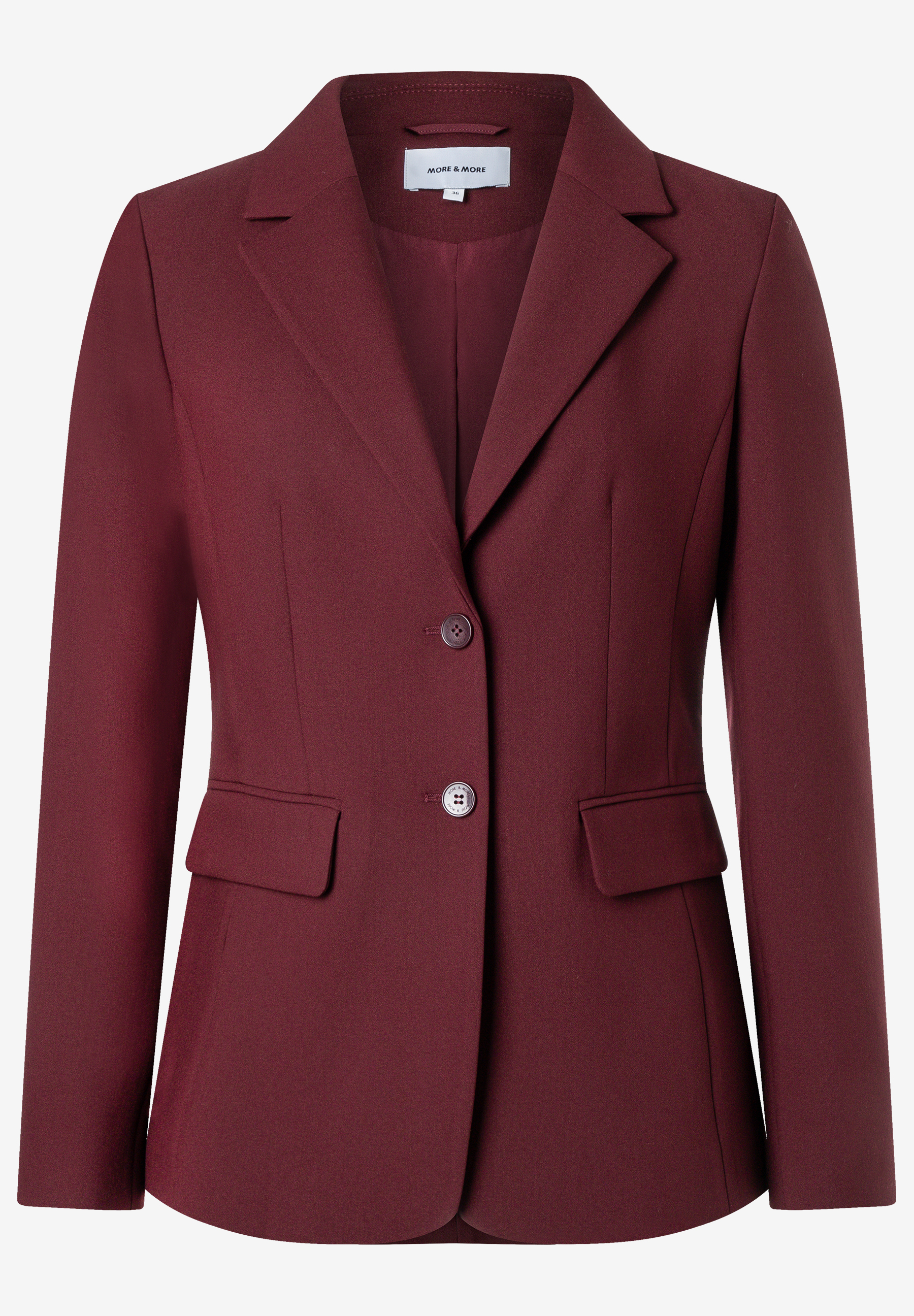 MORE & MORE Blazer in Bordeaux mit zwei Knöpfen, Reverskragen und aufgesetzten Pattentaschen.