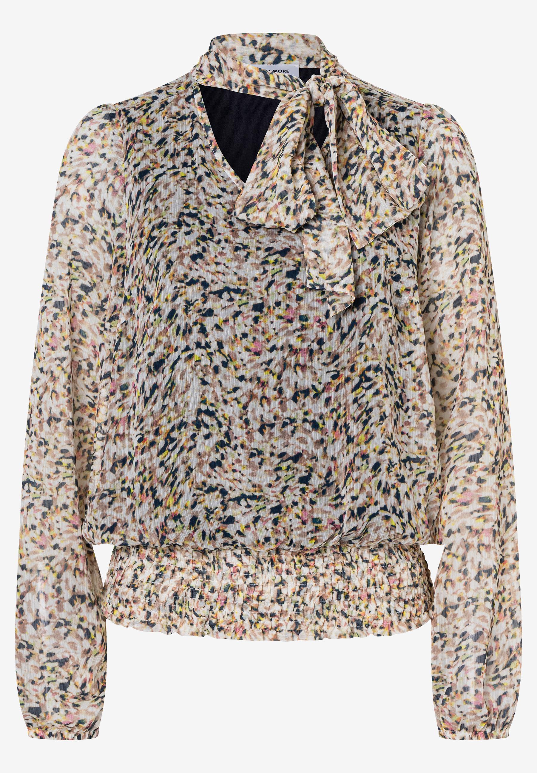 Eine MORE & MORE Bluse mit buntem Muster und langen Ärmeln. Sie hat einen Bindeband am Kragen und einen Gummizug an der Taille.