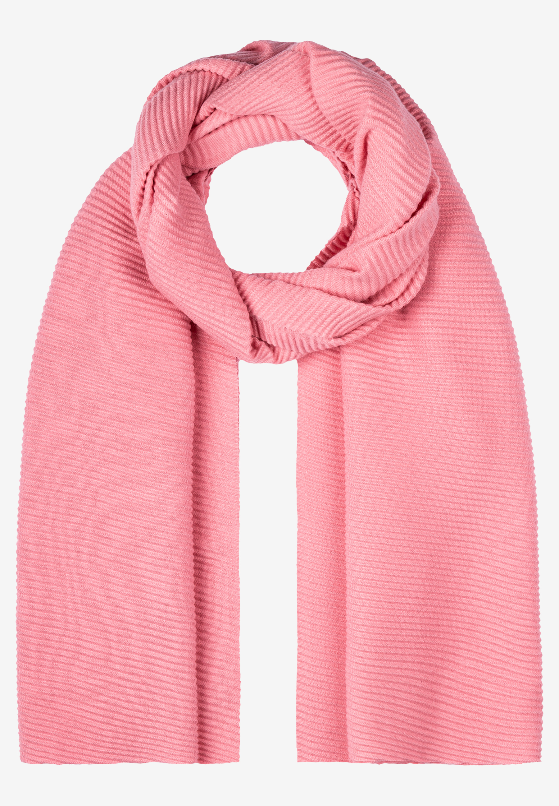 Ein rosa Accessoire von MORE & MORE. Der Schal ist gerafft und liegt auf hellem Grund.