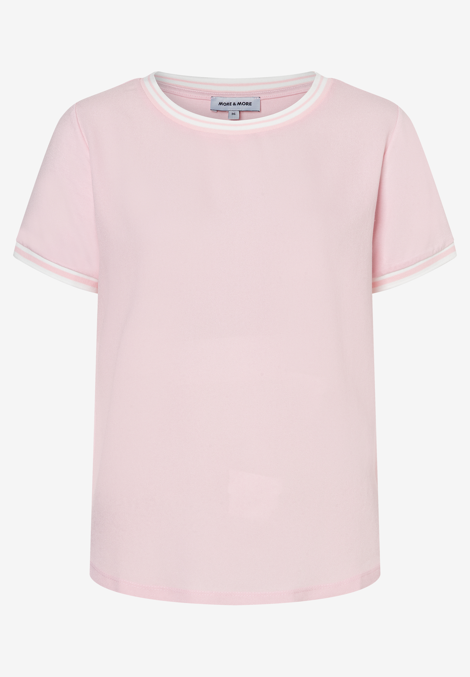 Ein MORE & MORE T-Shirt in Rosa mit weiß gestreiften Bündchen an Ärmeln und Hals. Ein MORE & MORE T-Shirt in Rosa mit weiß gestreiften Bündchen an Ärmeln und Hals.