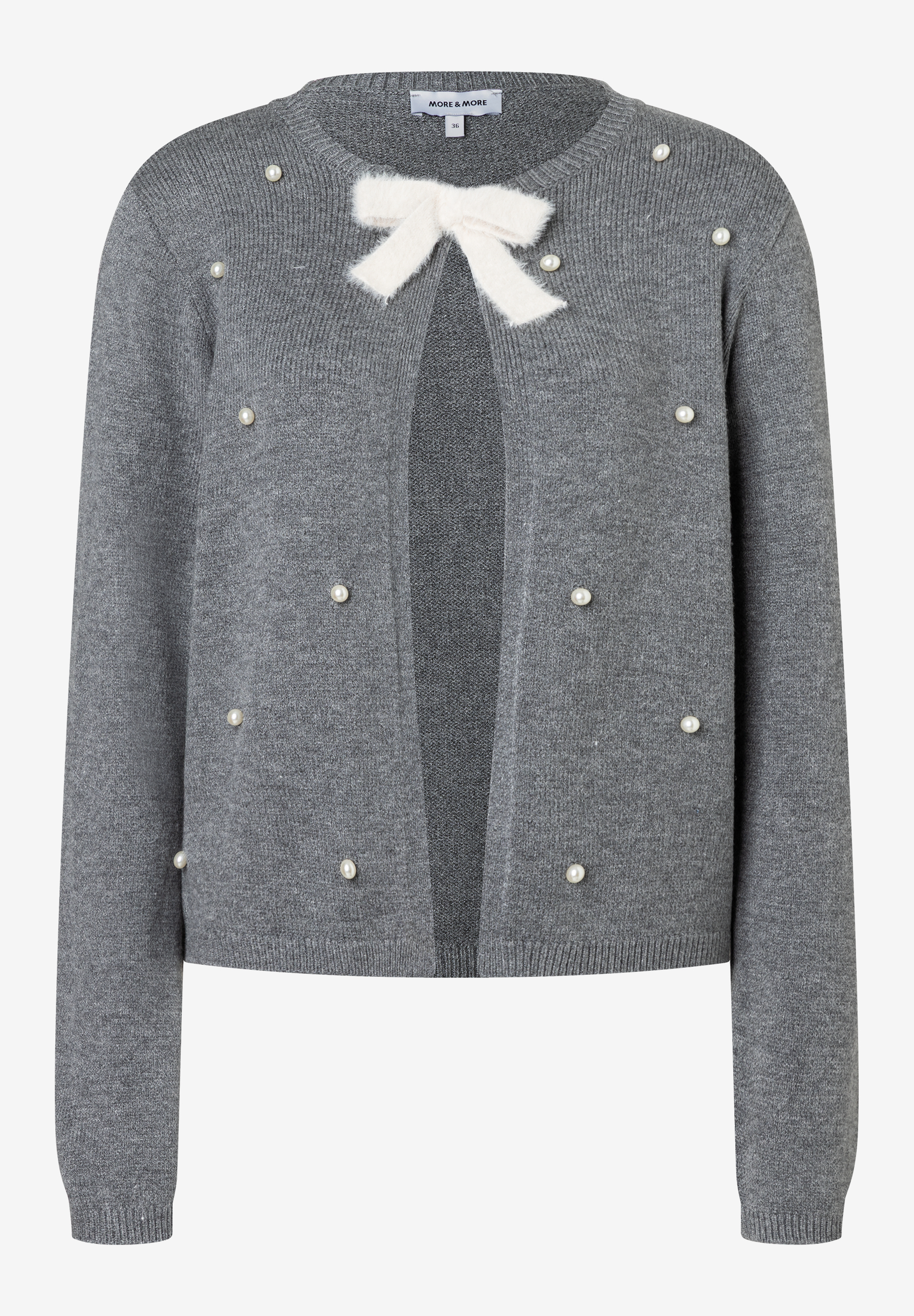 Ein grauer MORE & MORE Feinstrick-Cardigan mit Schleife und aufgenähten Perlen. Ein grauer MORE & MORE Feinstrick-Cardigan mit Schleife und aufgenähten Perlen.