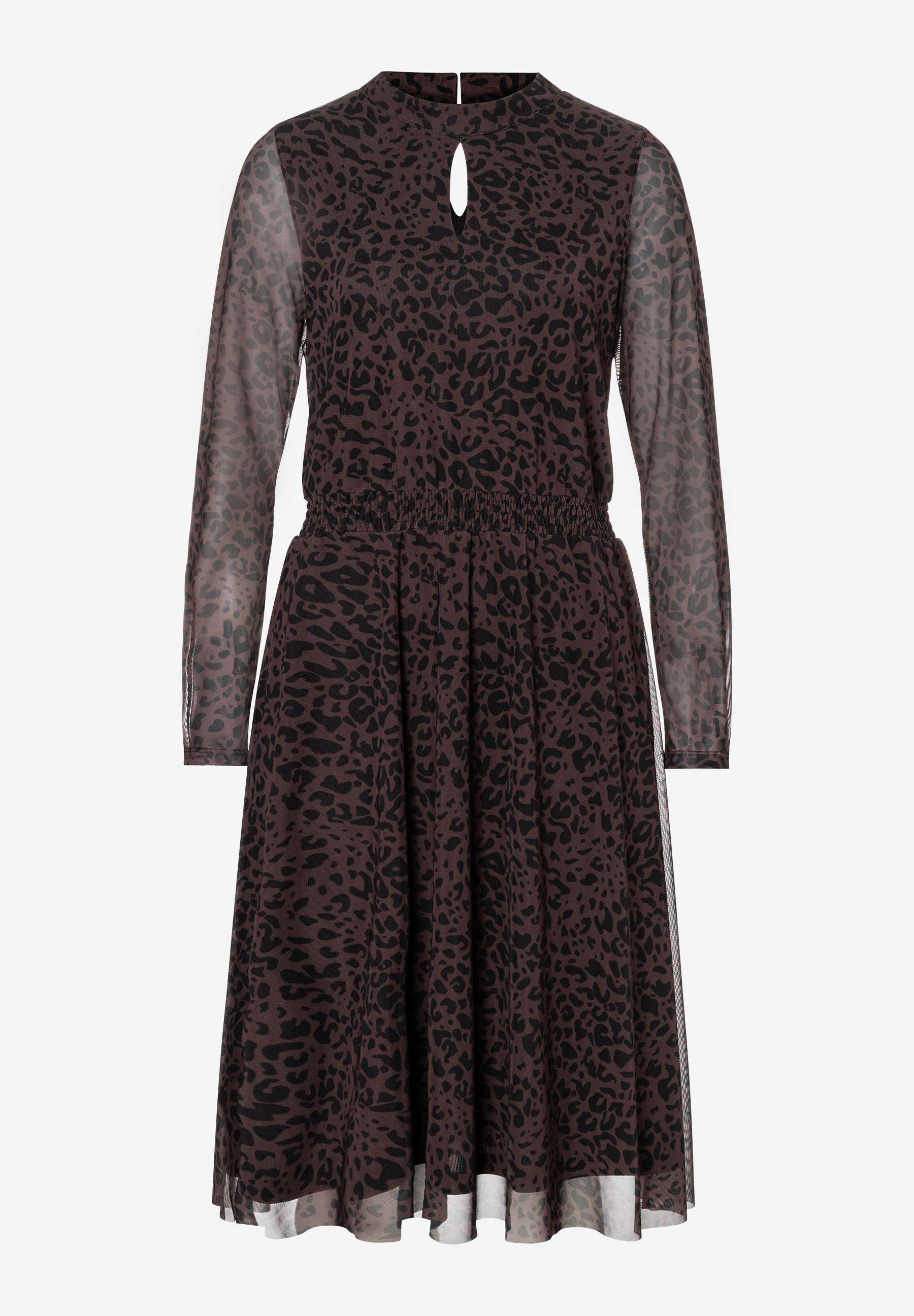 MORE & MORE Kleid in Braun mit durchsichtigem Leopardenmuster, langen Ärmeln und geraffter Taille. MORE & MORE Kleid in Braun mit durchsichtigem Leopardenmuster, langen Ärmeln und geraffter Taille.