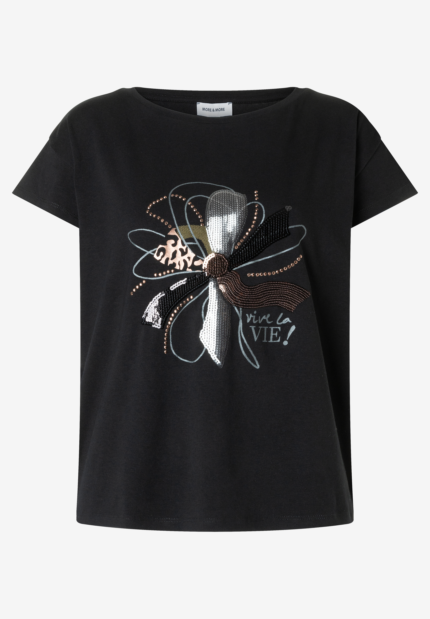 MORE & MORE schwarzes T-Shirt aus Jersey mit funkelnder Paillettenapplikation und Stickerei auf der Brust. MORE & MORE schwarzes T-Shirt aus Jersey mit funkelnder Paillettenapplikation und Stickerei auf der Brust.