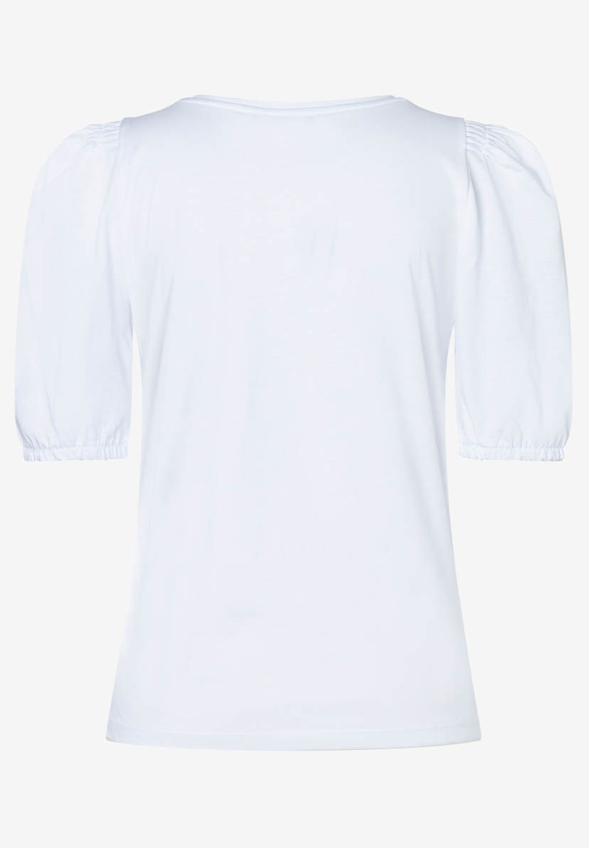 Ein weißes MORE & MORE Oberteil mit Puffärmeln, aus Jersey und elastisch, für bequemen Tragekomfort.