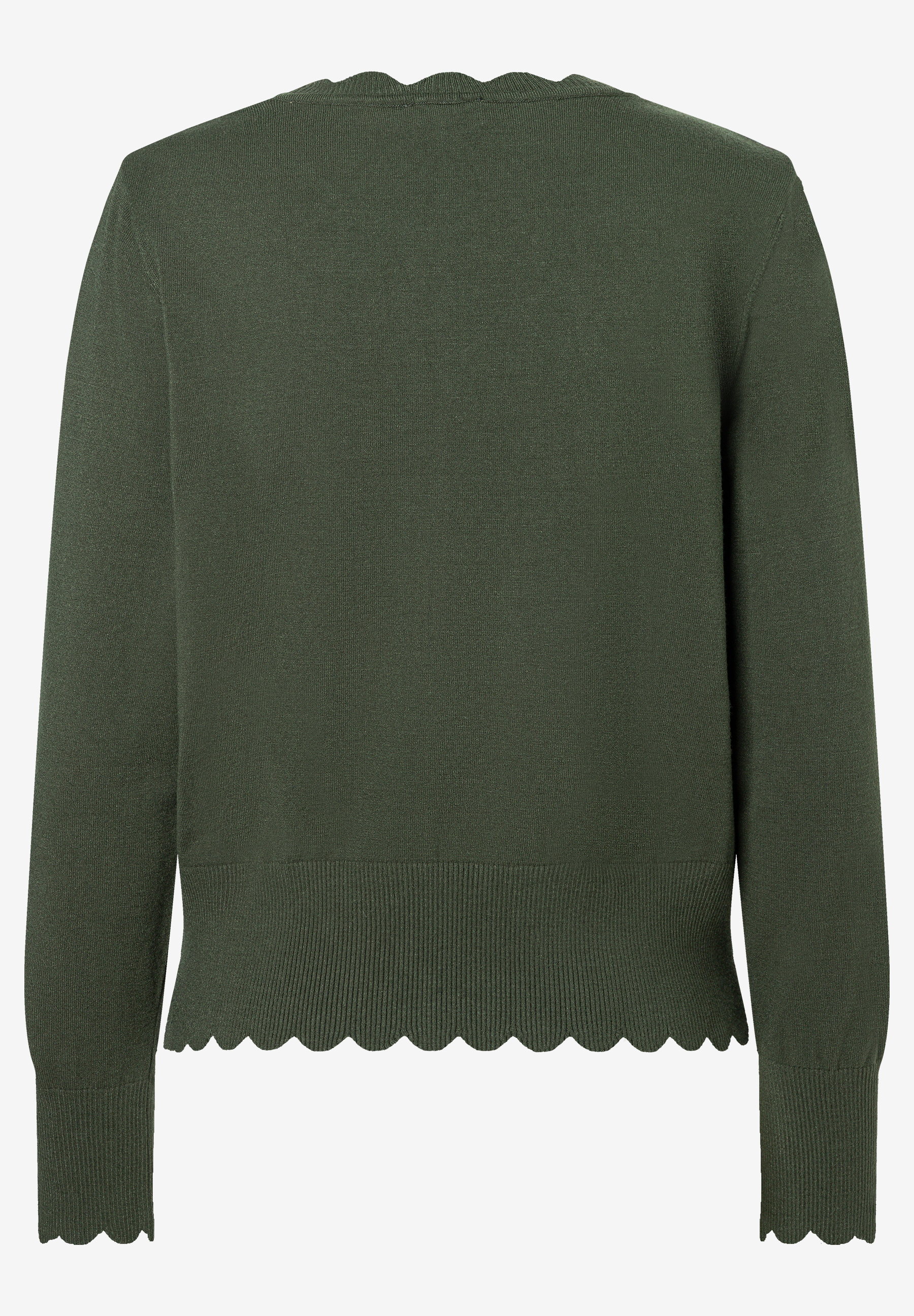 MORE & MORE Feinstrick Pullover in Dunkelgrün, gerippter Saum und Wellenkante am Ausschnitt/Ärmeln, angenehm elastisch.