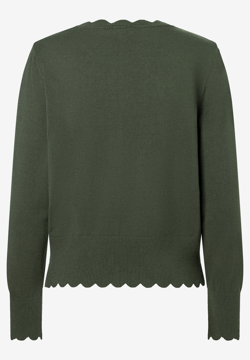 MORE & MORE Feinstrick Pullover in Dunkelgrün, gerippter Saum und Wellenkante am Ausschnitt/Ärmeln, angenehm elastisch.