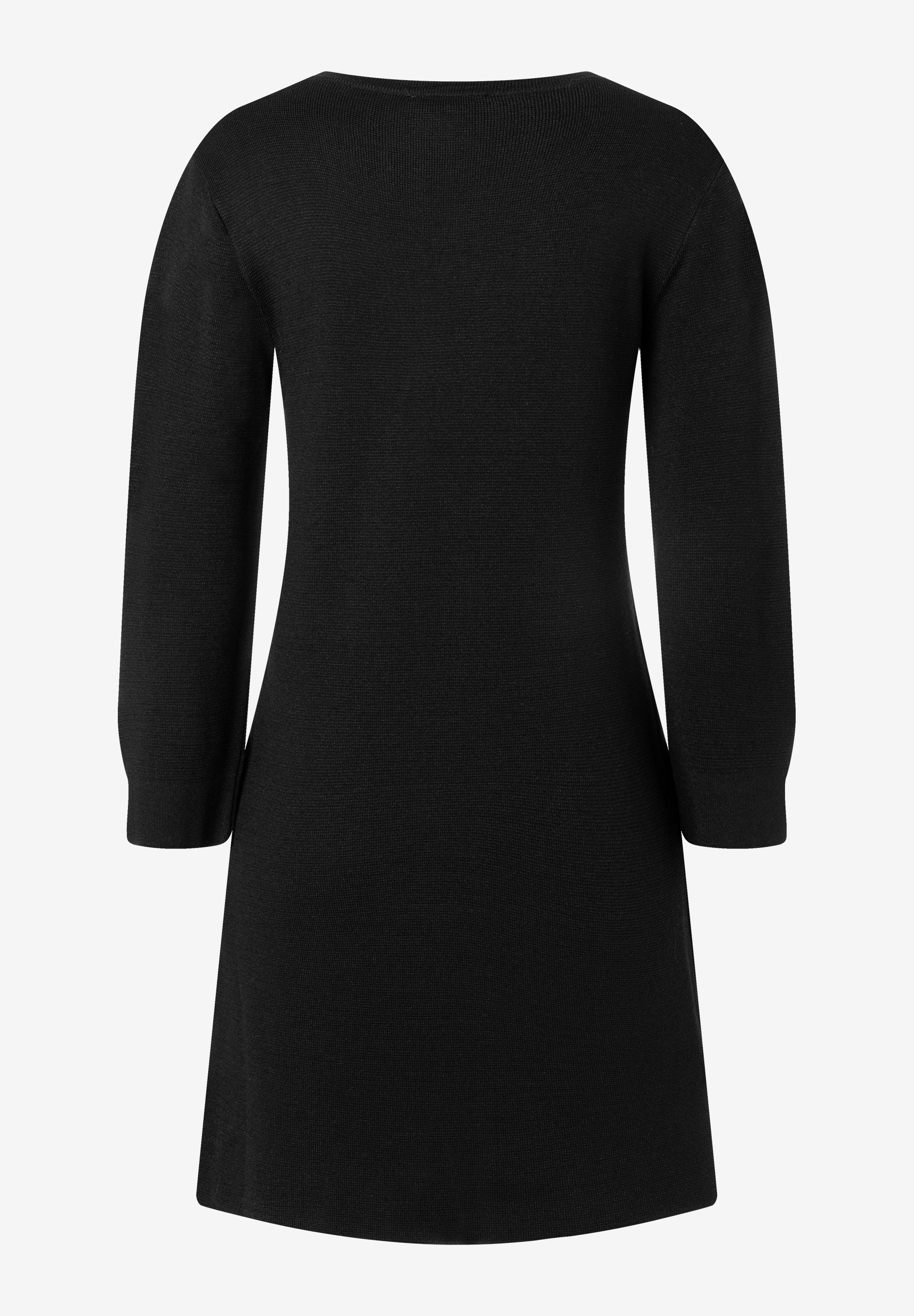 MORE & MORE schwarzes Strickkleid mit U-Boot-Ausschnitt, 3/4-Ärmeln und leicht taillierter Passform. MORE & MORE schwarzes Strickkleid mit U-Boot-Ausschnitt, 3/4-Ärmeln und leicht taillierter Passform.