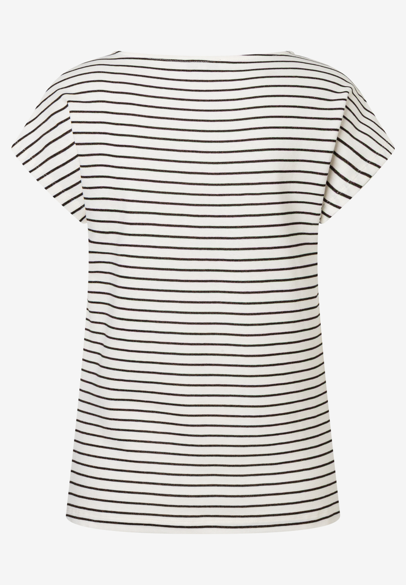 MORE & MORE Jersey-Oberteil: Weißes T-Shirt mit schwarzen Streifen, glänzender Optik und U-Boot-Ausschnitt. MORE & MORE Jersey-Oberteil: Weißes T-Shirt mit schwarzen Streifen, glänzender Optik und U-Boot-Ausschnitt.