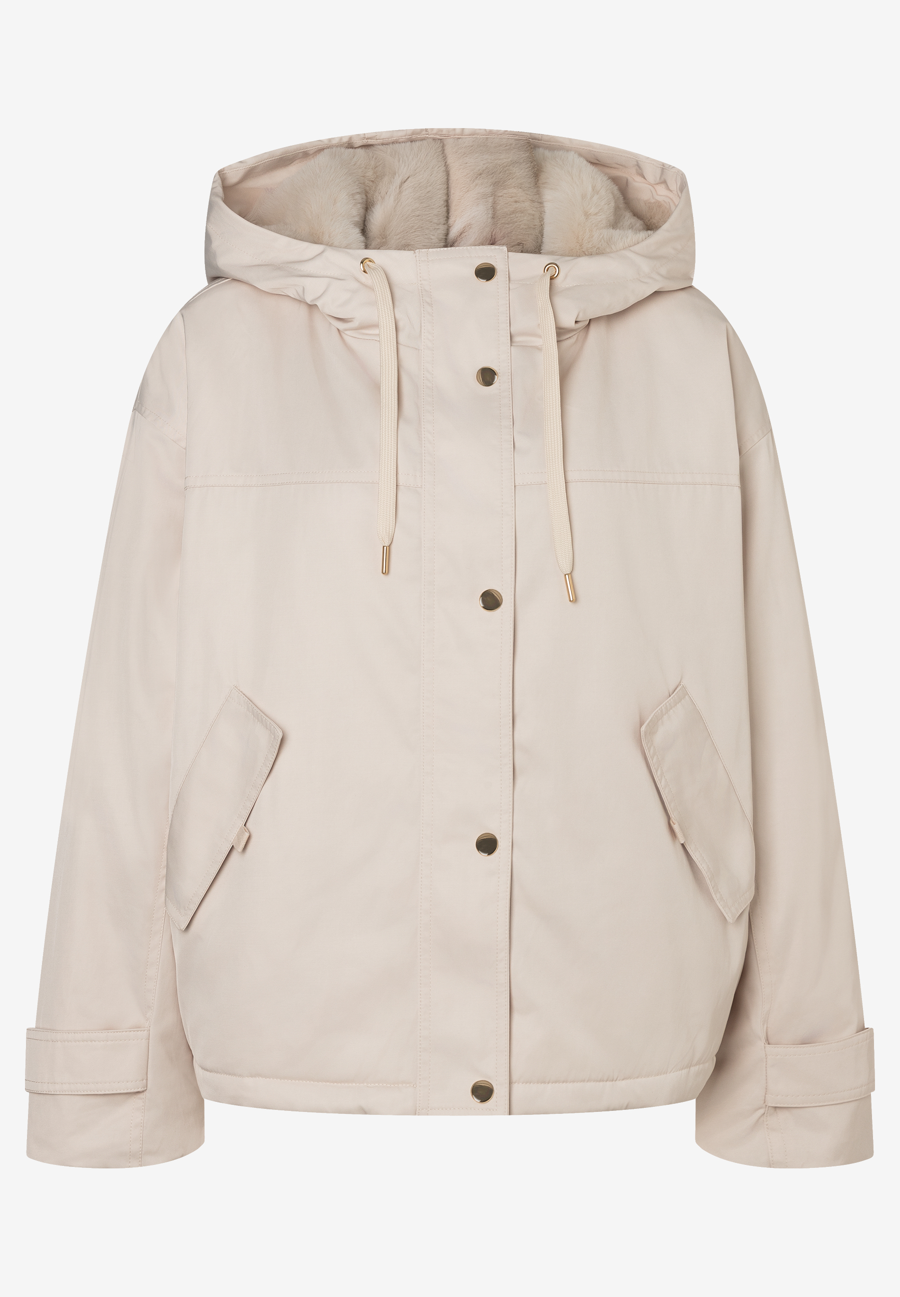 MORE & MORE Kurzjacke in Beige, locker geschnitten, mit Kapuze und weichem Futter, goldfarbenen Knöpfen und Zugbändern.