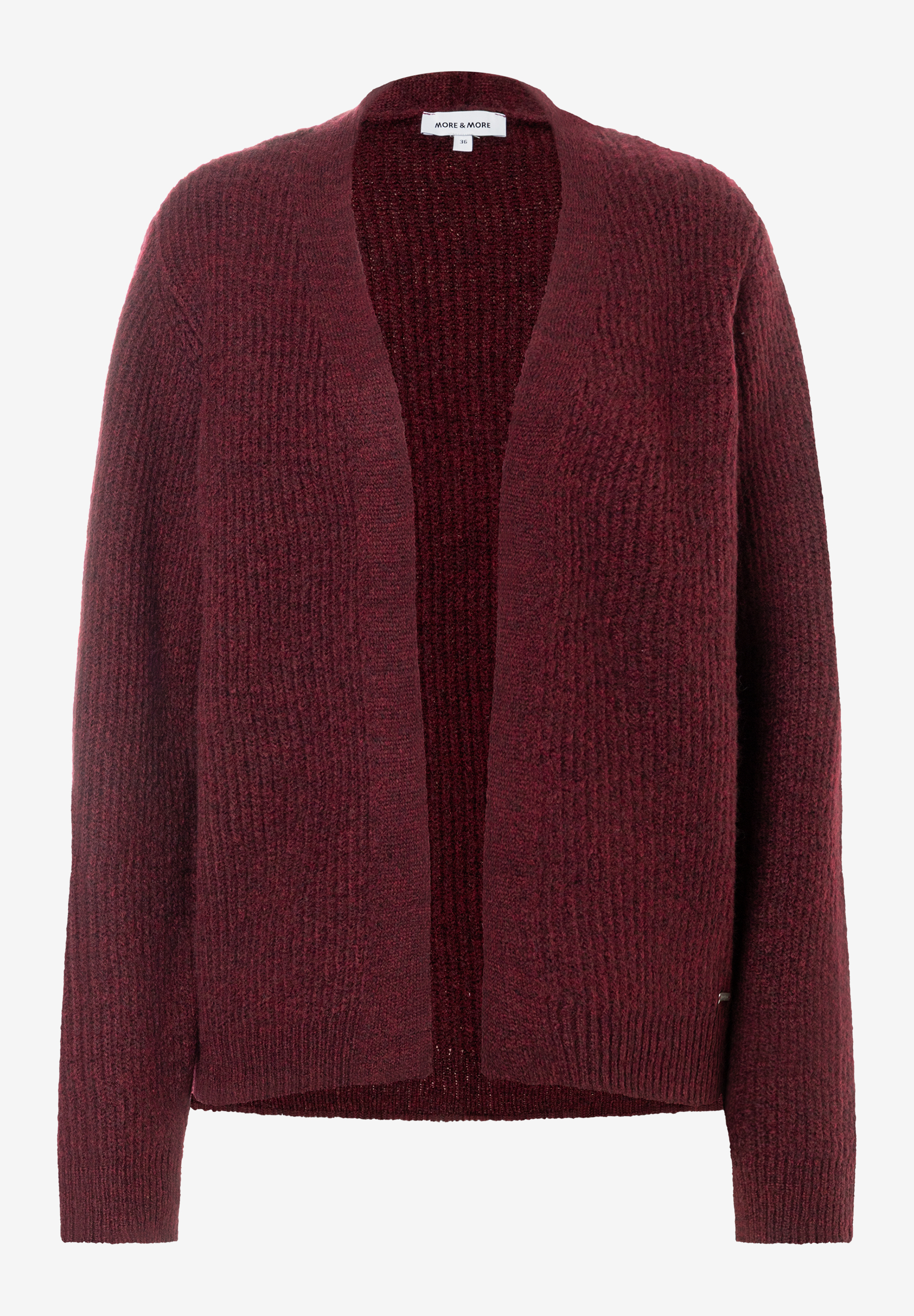 MORE & MORE burgunderroter Strickpullover mit offener Vorderseite, aus geripptem Strick.