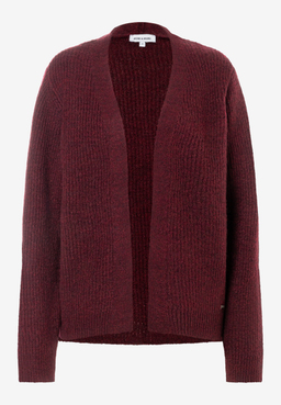 MORE & MORE burgunderroter Strickpullover mit offener Vorderseite, aus geripptem Strick.